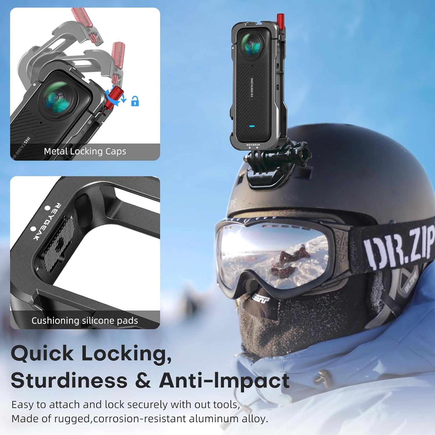 REYGEAK for Insta360 X4 Case, Aluminium Utility Frame for Insta360 X4,Protective Cage with Silicone Lens Cover,Cold Shoe Interface with 1/4" Threads Cold Shoe Mount Folding Fingers image number 3