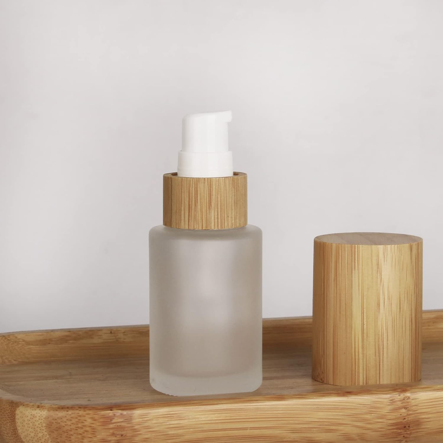 COSIDEA 6 Pcs Empty 1Oz / 30Ml Bamboo Lids Frosted Glass Bottle with Lotion Pump Dispenser, Refillable Emulsion Cosmetic Cream Bottles, Toiletries Refill Travel Container