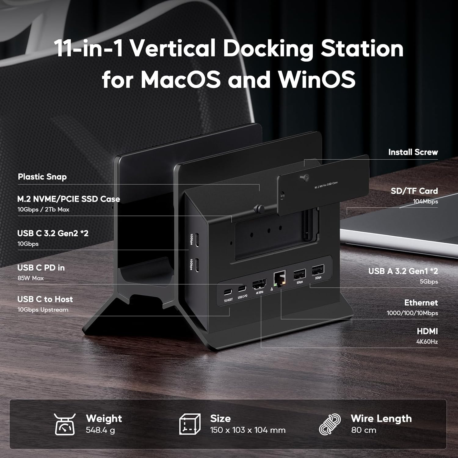 PULWTOP Vertical Laptop Docking Station for Macbook Pro Air, Support M.2 SSD Expansion, HDMI 4K, 2 USB-C 10Gbps, 2 USBA 5Gbps, RJ45, SD/TF, USB-C 100W PD Dock for Full-Featured Type-C Laptops - Black image number 2