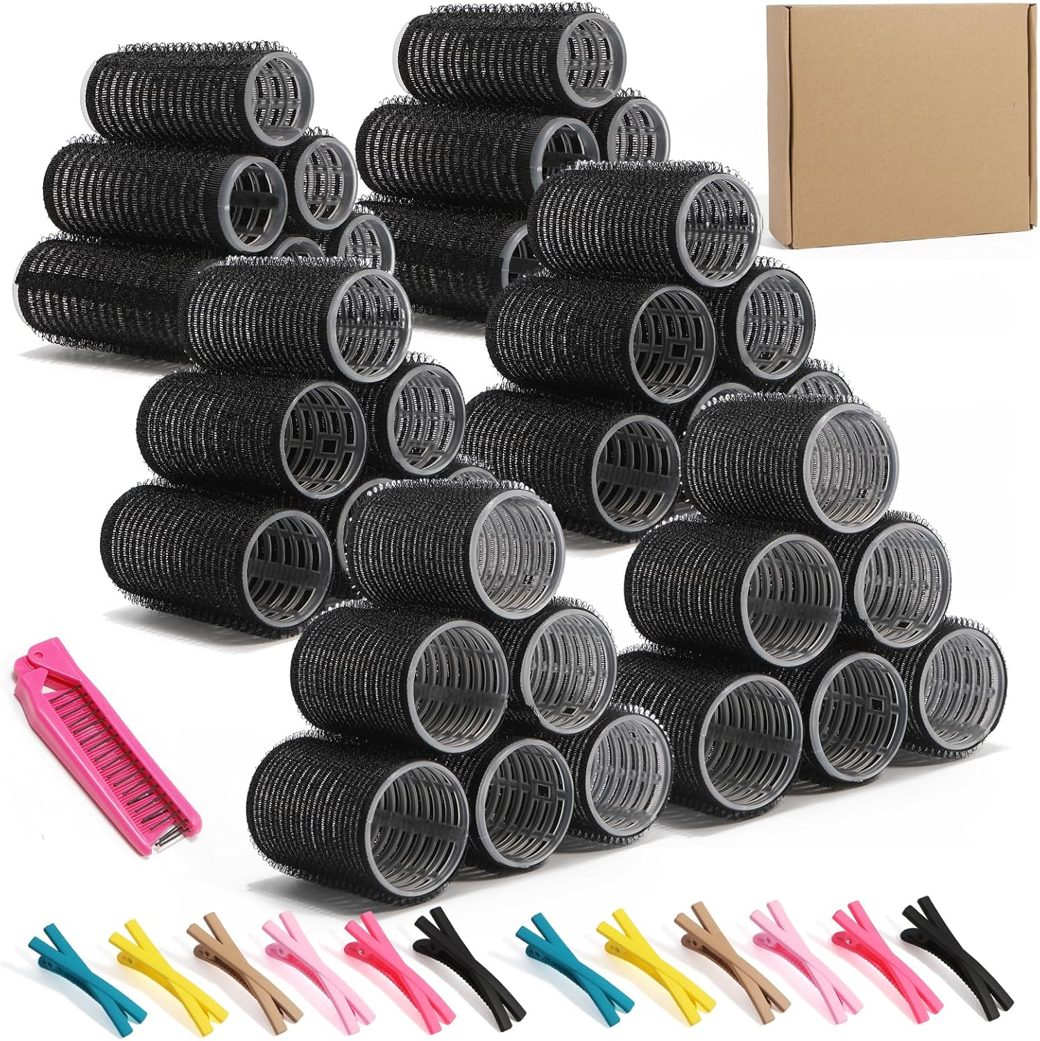 43PCS Self Grip Hair Rollers Set for Long Thick Hair &ndash; 4 Sizes Curlers (25Mm-60Mm) with 18 Extra-Large Clips & Folding Comb &ndash; Heatless Hair Curlers for Volume & Waves