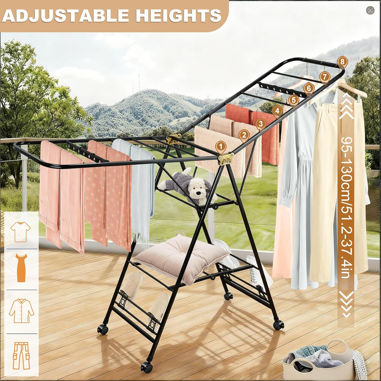 Clothes Drying Rack Foldable, 160Cm Clothes Airer Drying Rack with Wheels, Heavy Duty Metal Laundry Dryer, 3-Tier Clothes Rack Free-Stand,Indoor Outdoor Clothes Rack with Shoe Slots image number 1
