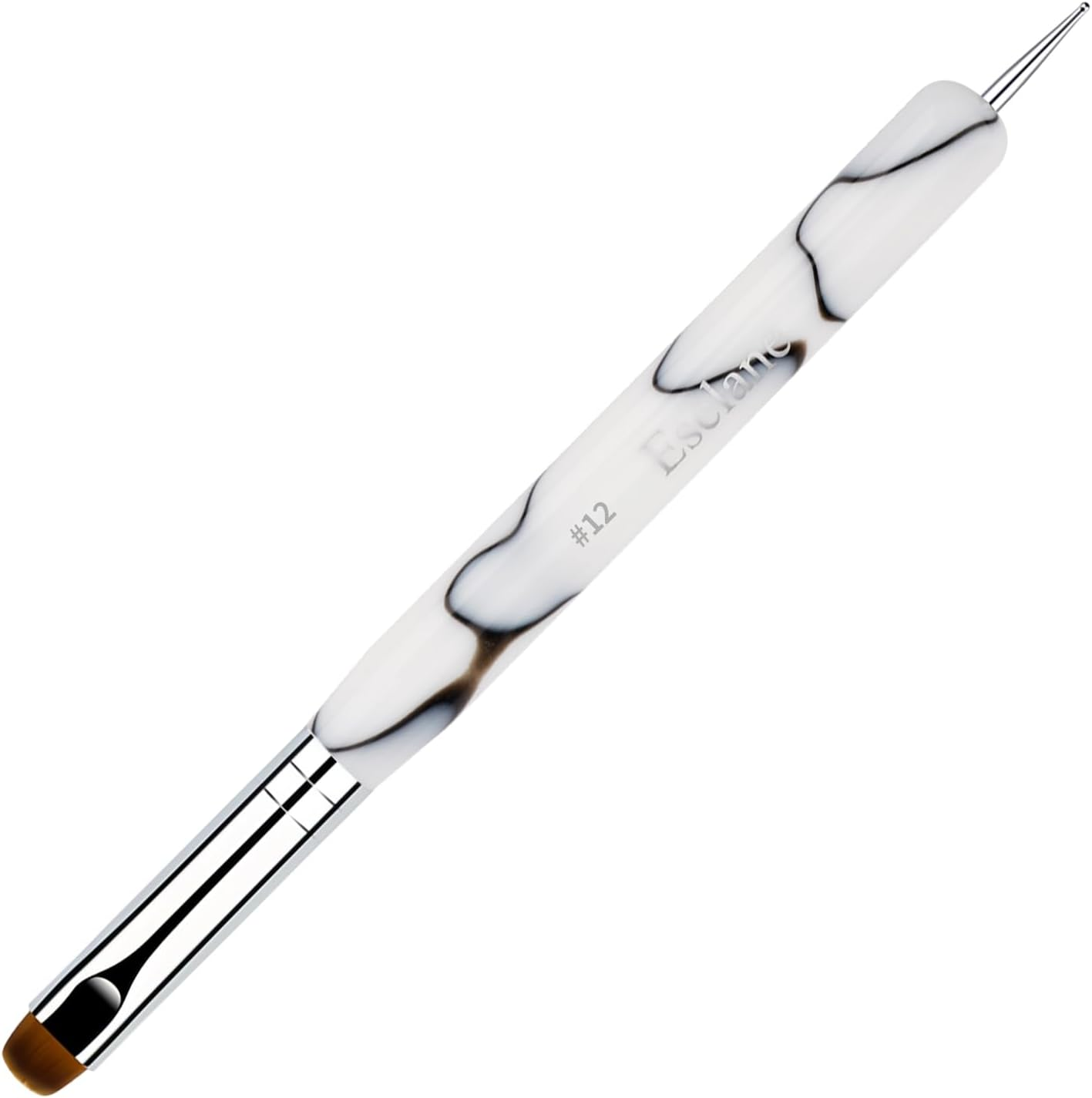 Esclane 2 Way French Nail Brush with Dotting Tool, White Marble Acrylic Handle, Nylon Head, Flat Tongue, French Tip Brush (#12) image number 2