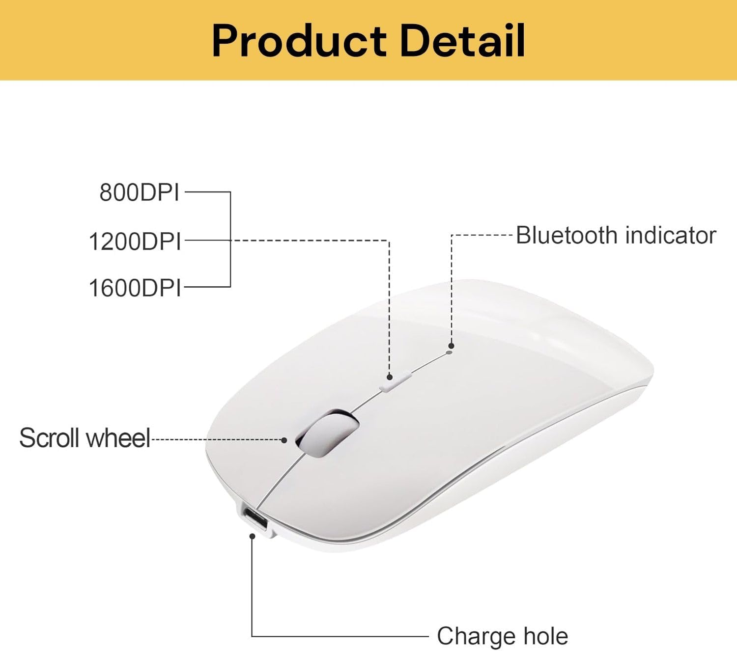 EZONEDEAL 2.4Ghz Wireless Bluetooth Mouse, Dual Mode Slim Rechargeable Wireless Mouse Silent USB Mice, 3 Adjustable DPI, Compatible for Laptop Windows Mcbook Android PC Computer (White) image number 5