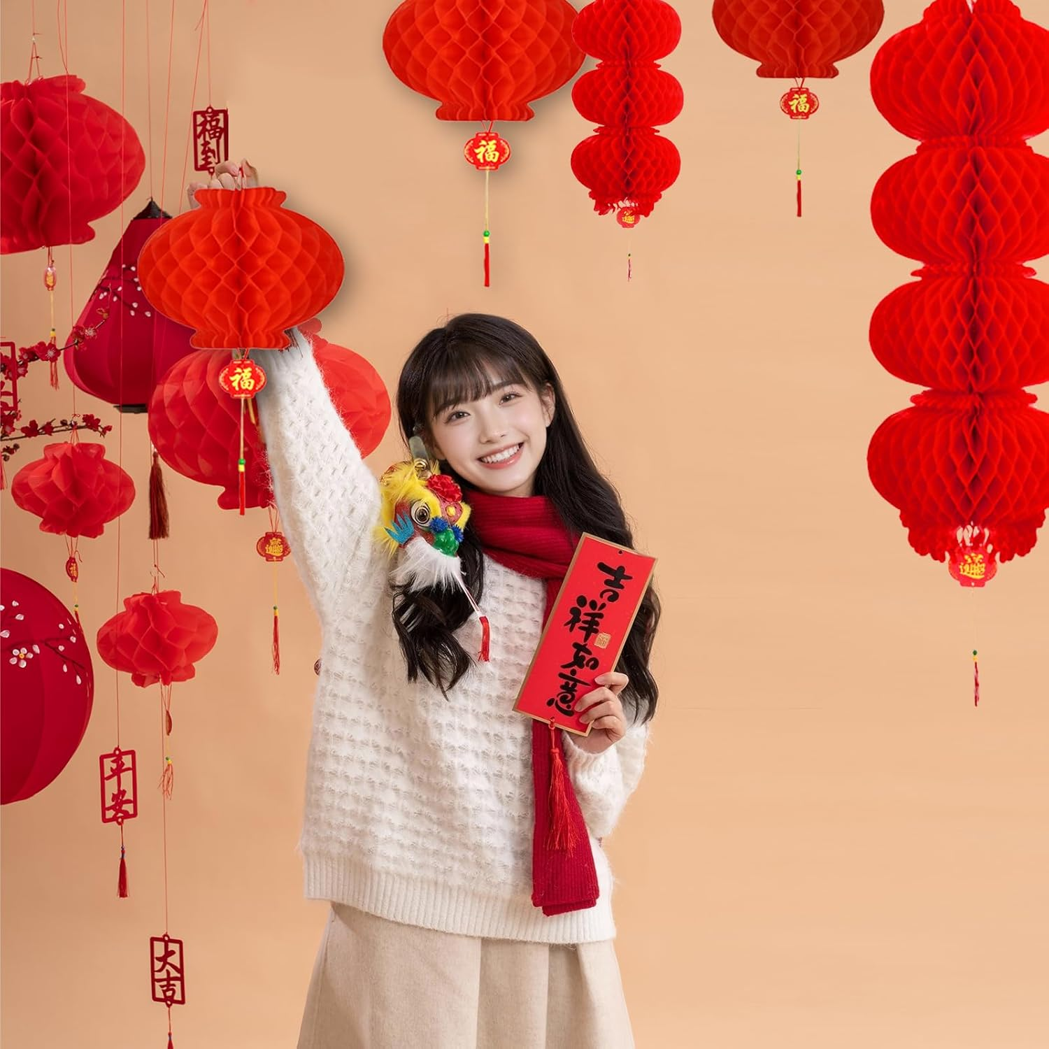 Viiotu 18 Pcs 11.8 in Red Paper Lantern,Chinese New Year Lanterns,Red Lantern,Red Lantern Decorative,Chinese New Year Decorations image number 2