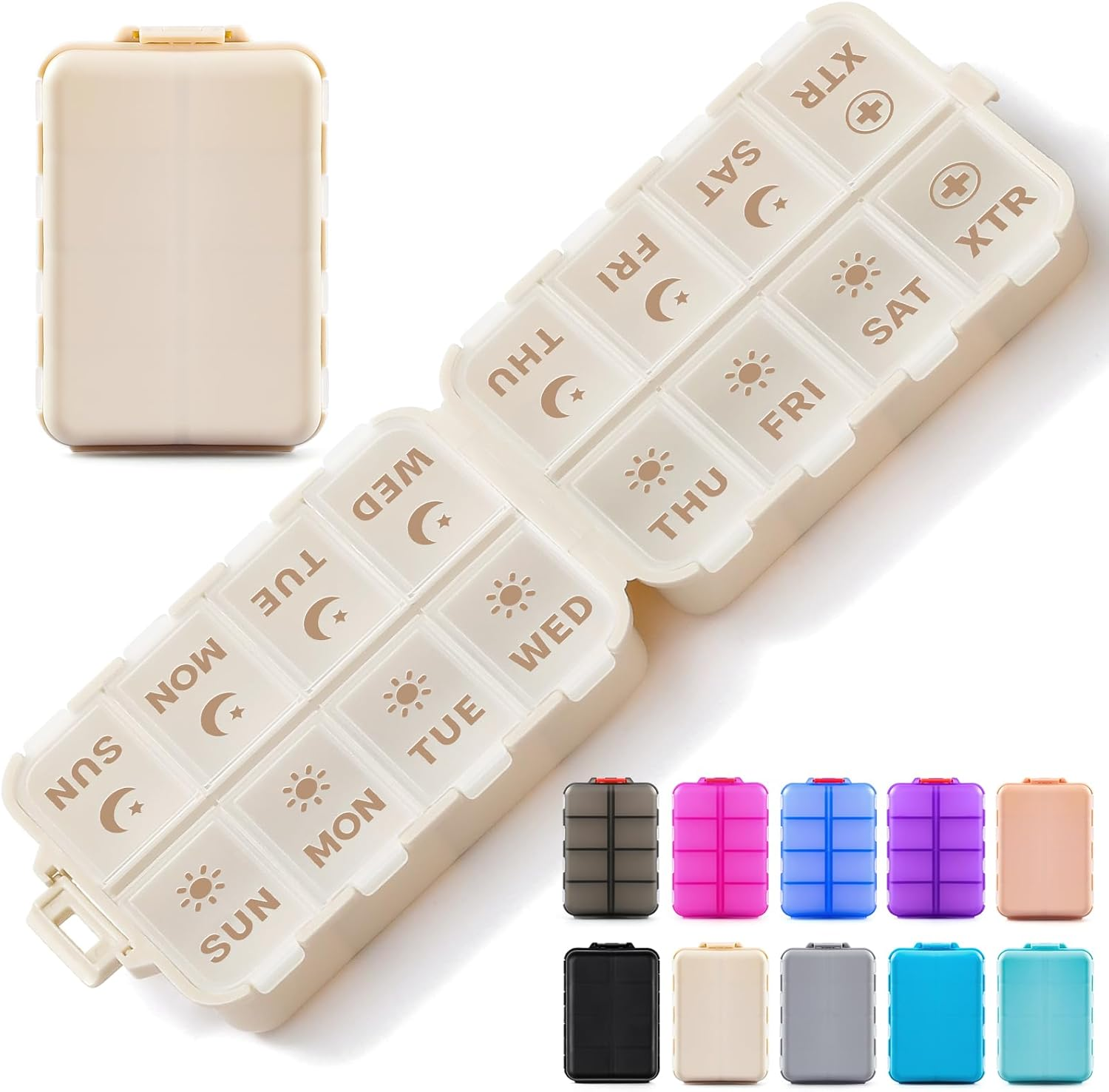 Foldable & Portable Pill Organizer 2 Times a Day with Extra Compartment - Etched Labels - Weekly 7 Day AM PM Medicine Box, Week Daily Travel Pill Case Holder Dispenser for Vitamin, Supplement - Khaki image number 3