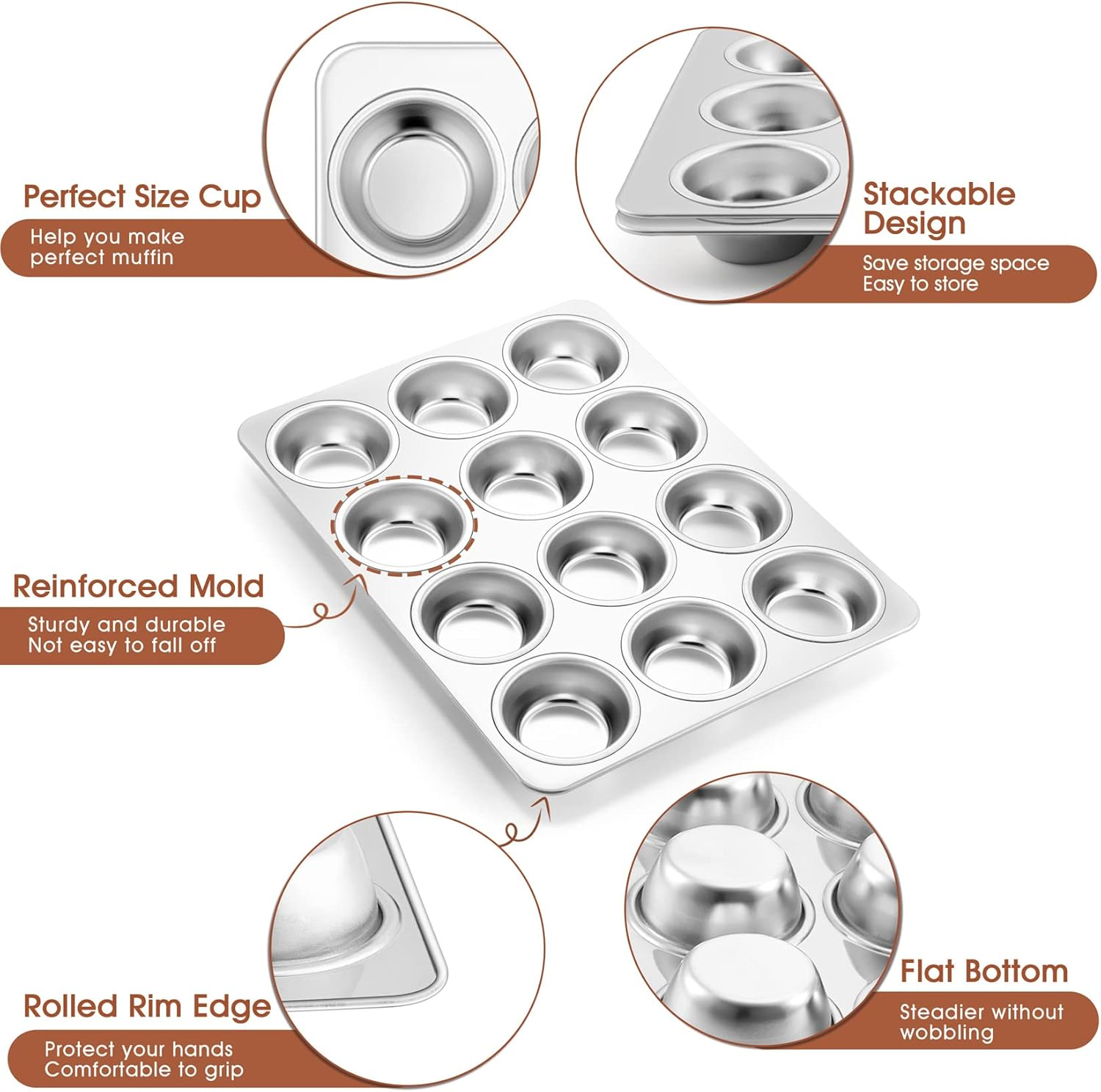 P&P Chef Muffin Pan Cupcake Baking Pan Set of 2, 12 Cups Muffin Tin Tray, Stainless Steel Muffin Pans for Baking Mini Cake Muffin Tart Quiche, Oven & Dishwasher Safe, Non-Toxic & Heavy-Duty image number 4