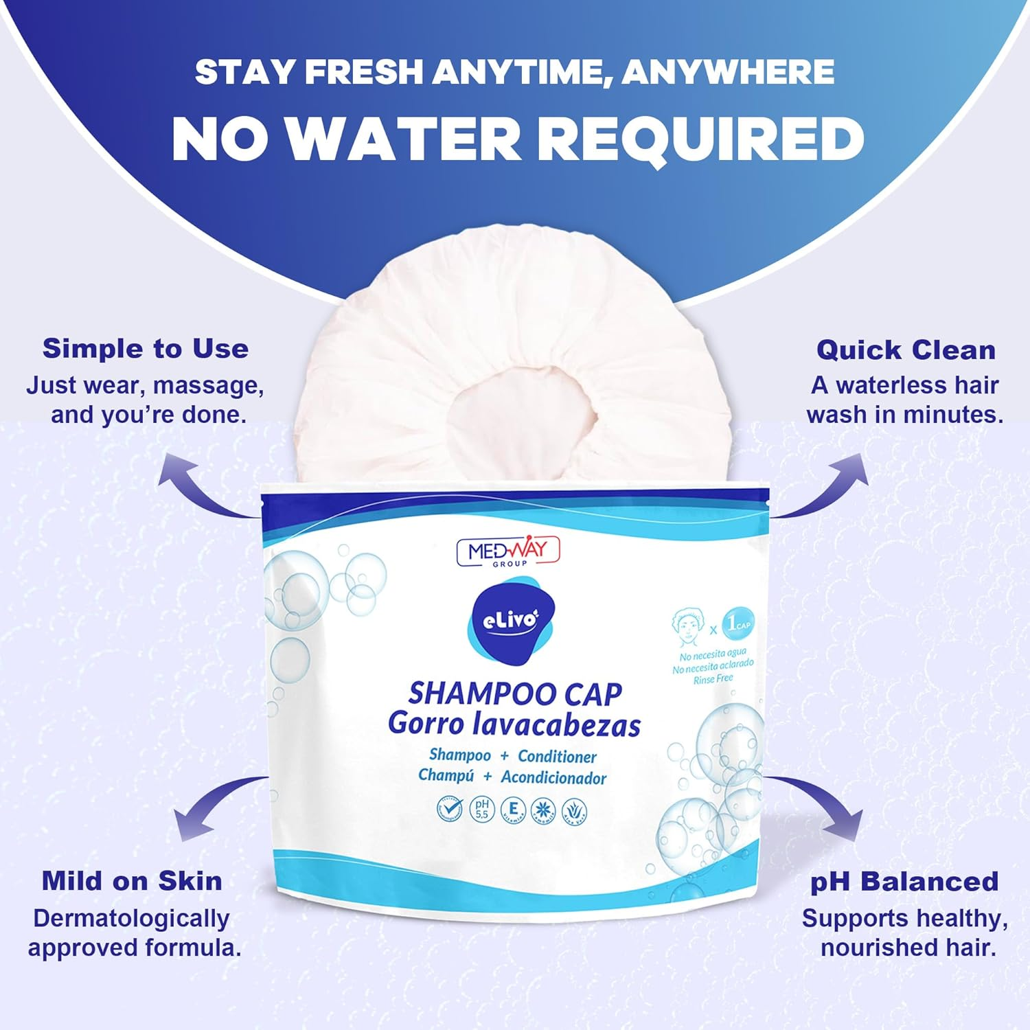 Medvance No Rinse Shampoo Cap | Rinse Free Shower Cap That Shampoos & Conditions | PH Balanced & Hypoallergenic Waterless Hair Wash | 4 Pack