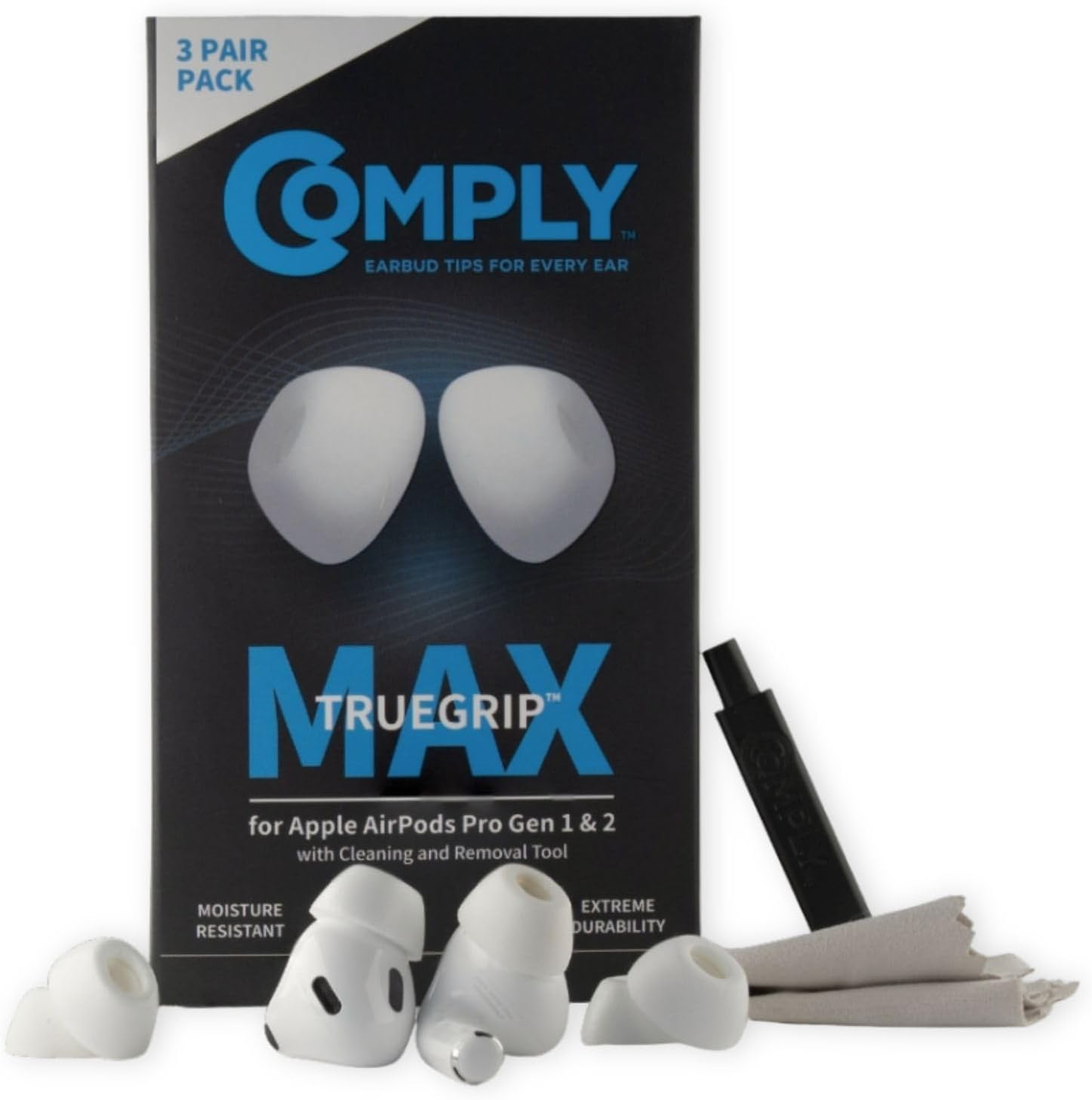 Comply Truegrip MAX | Premium Memory Foam Replacement Earbud Tips for Apple Airpods Pro 1 & 2 | Long Lasting Comfort, Extreme Durability, Secure Fit, Superior Noise Isolation| White (Small) (3 Pairs)
