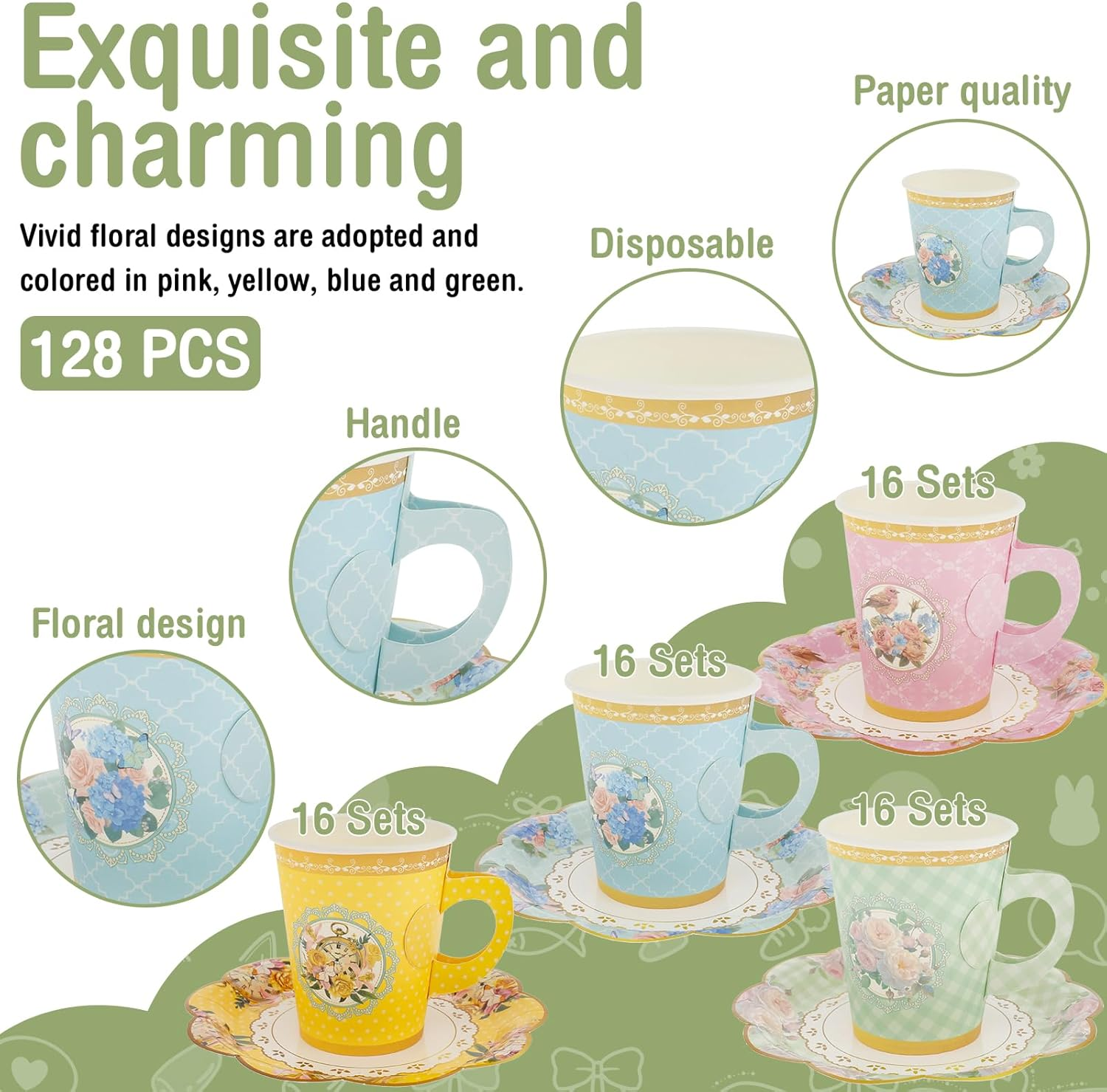 64 Sets Tea Party Supplies,Floral Paper Tea Cups and Saucers,Colorful Flower Teacups,Floral Tea Cups with Handle for Hot Cold Beverage Birthday Wedding image number 5