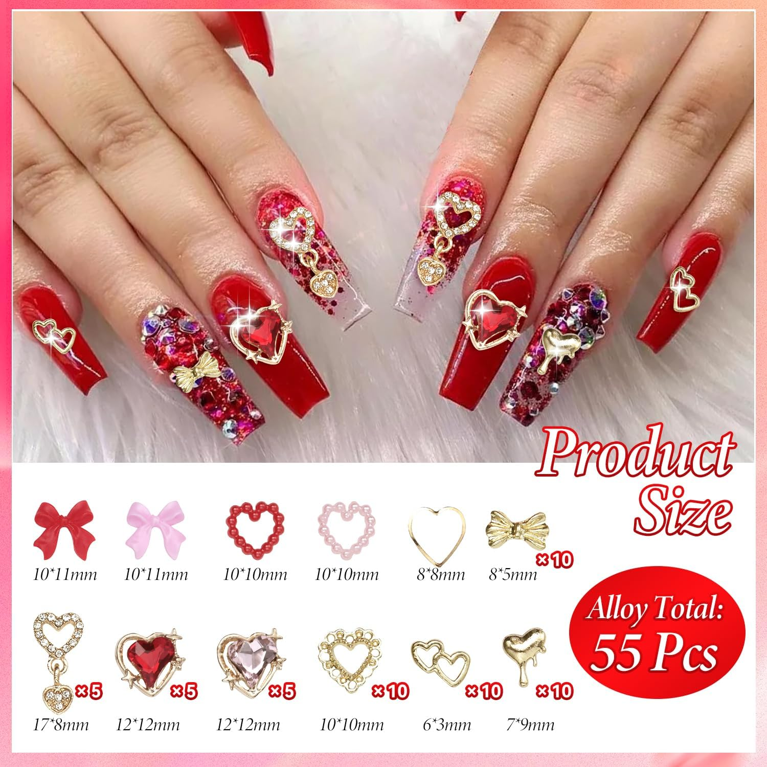 Cynailli 12Pcs 3D Valentine Gold Heart Nail Charms & Gems, Gold Alloy with Red Heart Rhinestones, Pink Heart with Bow Nail Art Supplies image number 5
