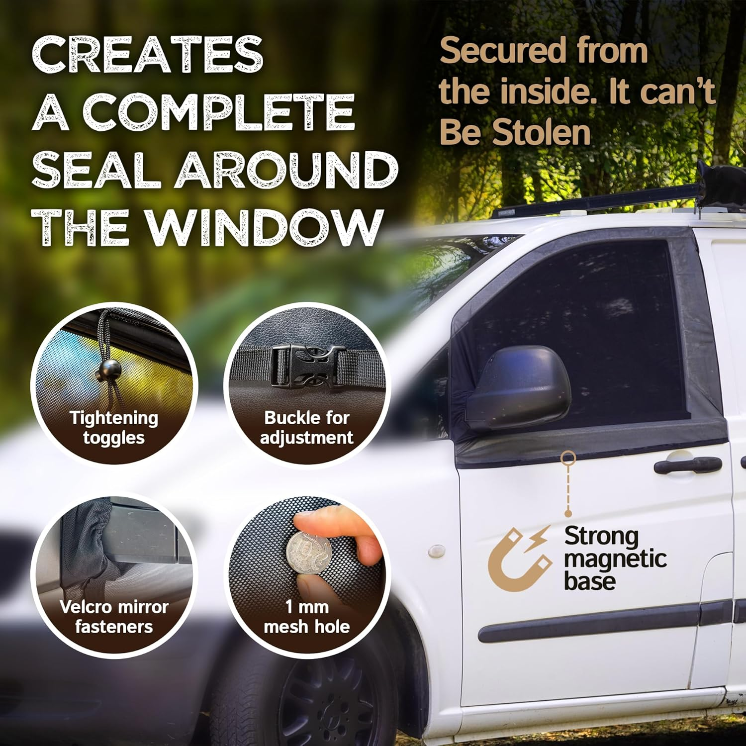 Living in a Bubble Van Bug Screen for Front Windows, Universal Size for Mercedes Sprinter, Vito, Hiace, Iload, Crafter, Master & Other Vans and Cars - Car Living Essentials & Van Life Accessories image number 2