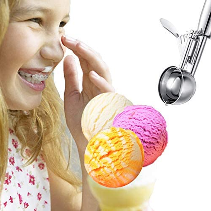 Cookie Scoop, Large Ice Cream Scoop with Trigger, Scoop Ice Cream Muffin Scoop Large Medium Small Ice Cream Scooper, 18/8 Stainless Steel Melon Meat Baller Potato Masher ( Solid Large), Gift Piping Bag