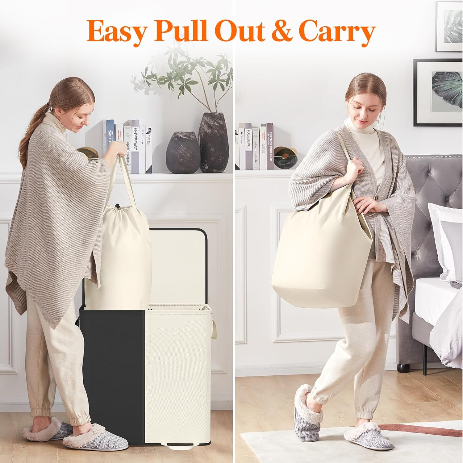 Lifewit Double Laundry Hamper with Lid and Removable Laundry Bags, Large Collapsible 2 Dividers Dirty Clothes Basket with Handles for Bedroom, Laundry Room, Closet, Bathroom, College, Black & White image number 6