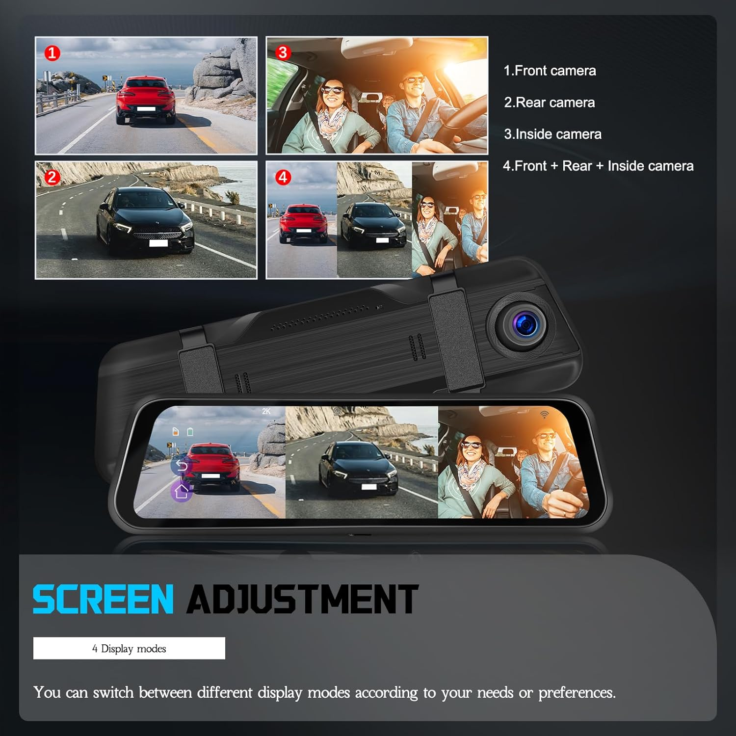 Rimoody 9.66" 2K Mirror Dash Cam 3 Channel Front 2K +Inside 1080P+ Rear 1080P, Rearview Mirror Camera, Touch Screen Front and Rear, G-Sensor Parking Assistance Night Vision 64GB Card image number 4