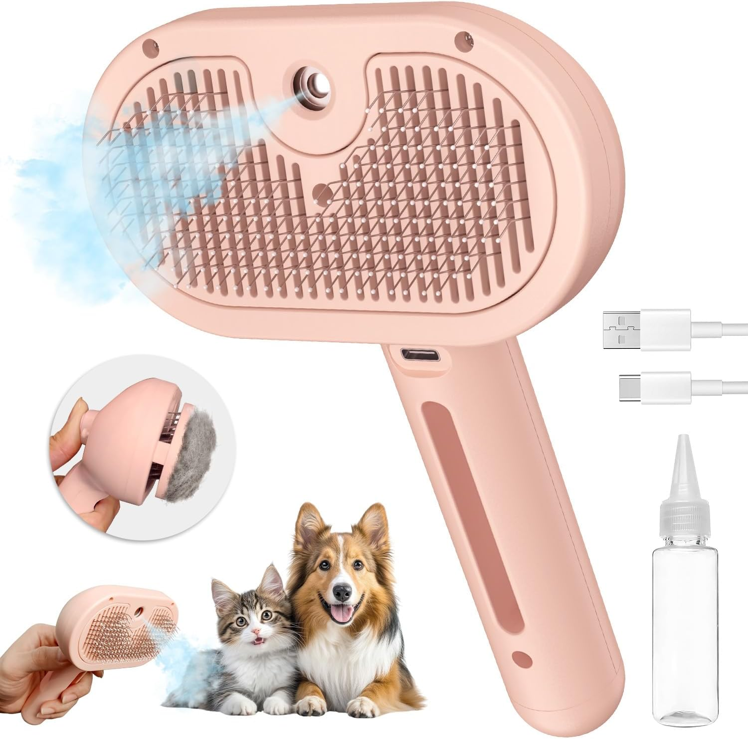 Spray Cat Brush for Shedding, 3 in 1 Steam Cat Brush Remove Static Flying Hair Pet Grooming Brush Self Cleaning Dog Brush for Long and Short Hair Dogs and Cats Remove Tangled Loose Hair (Pink)