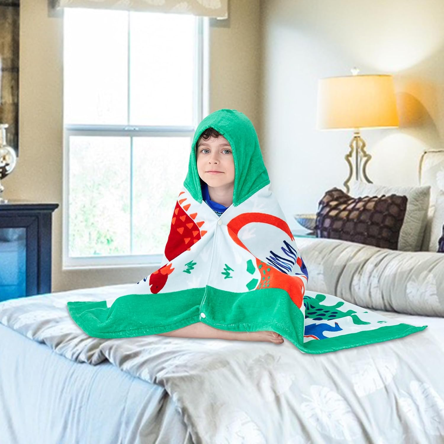 Bavilk Kids Hooded Bath Beach Towel Girls Boys Swim Pool Cover up Super Absorbent Cute Cartoon Animal Full Vitality (Dinosaur World) image number 5