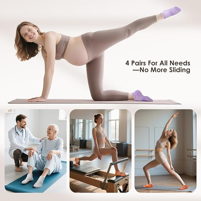 4 Pairs Pilates Socks Grip for Women Non-Slip Grippy Yoga Socks Ankle for Barre, Ballet, Barefoot Training & Workout Hospital Use image number 5