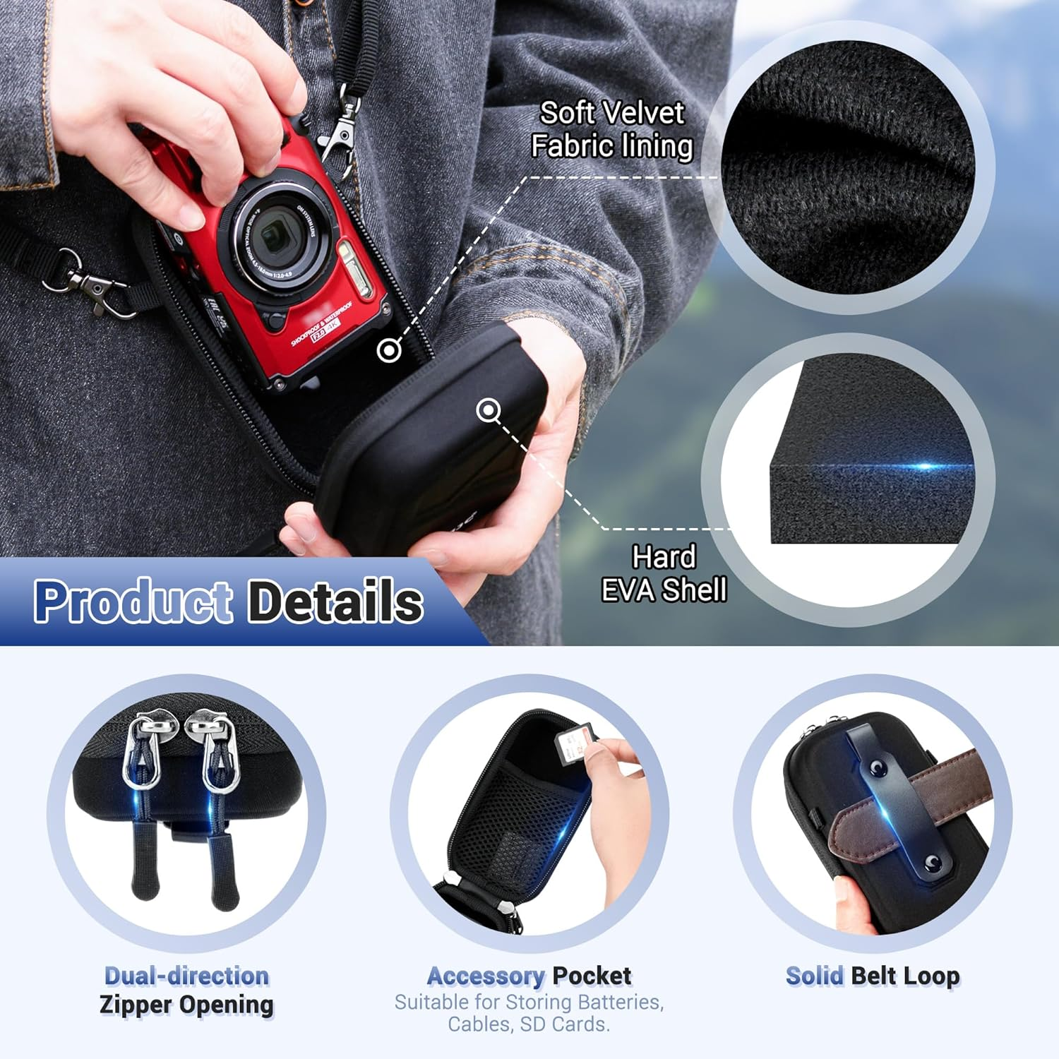 Hard Belt Camera Travel Case with Shoulder Strap Carabiner,Compact Camera Pouch for G7X Mark II Olympus TG-7 TG-6 TG-5 TG-4 Ricoh GR3 GR3X HDF Sony ZV-1 II ZV1 ZV-1F RX100 VII VI VA IV III II & More