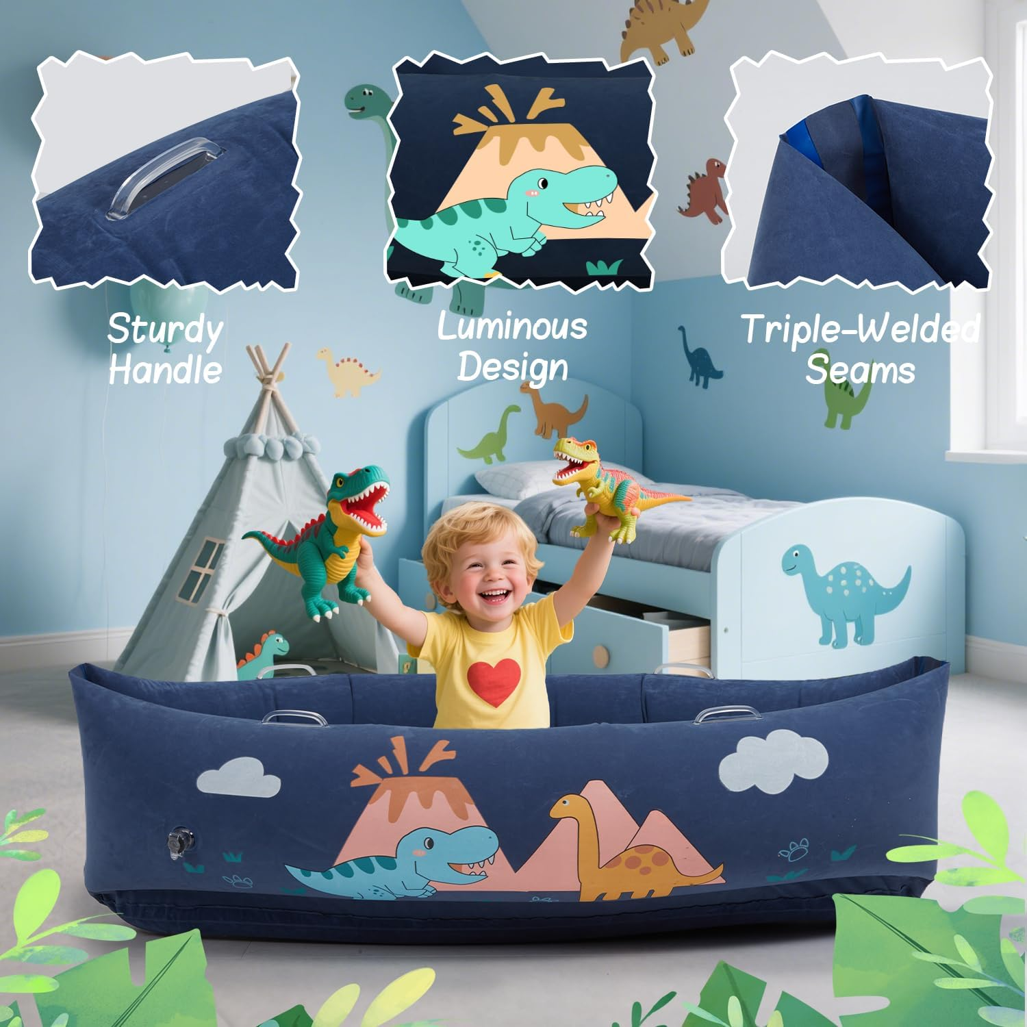 Sensory Chair for Kids, 60" Inflatable Sensory Peapod for Autistic Children, Includes Electric Pump & 3 Sensory Balls, Full Body Calming Pressure, Glow-In-Dark(Dinosaur) image number 1