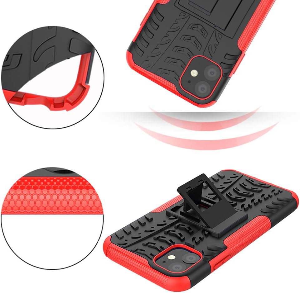 Phone Case for Apple Iphone 11 6.1 with Tempered Glass Screen Protector Cover and Stand Kickstand Hard Rugged Hybrid Heavy Duty Cell Accessories Iphone11Case Iphone11 I Phone11 XI 11R Cases Red