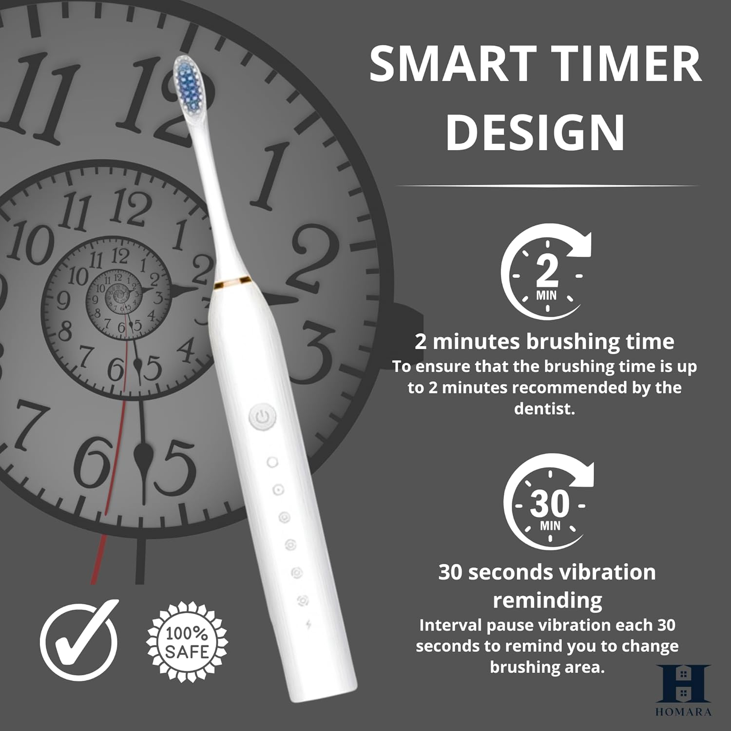 HOMARA - Electric Toothbrush for Adults & Kids &ndash; Rechargeable Sonic Toothbrush with 8 Brush Heads, 5 Cleaning Modes, 40,000 VPM, 30-Day Battery, Timer, Waterproof, Travel Case Included. image number 6