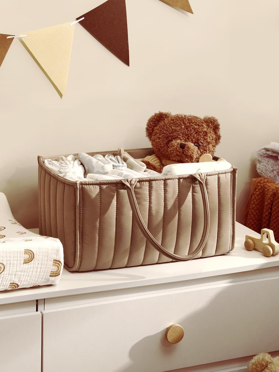 Diaper Caddy Organizer - Large Nappy Caddy Organizer for Baby Nursery, Car Storage Organizer, Baby Gift Basket, Changing Table Organizer, Portable Baby Caddy Organiser (Khaki, with Bib) - Khaki image number 5