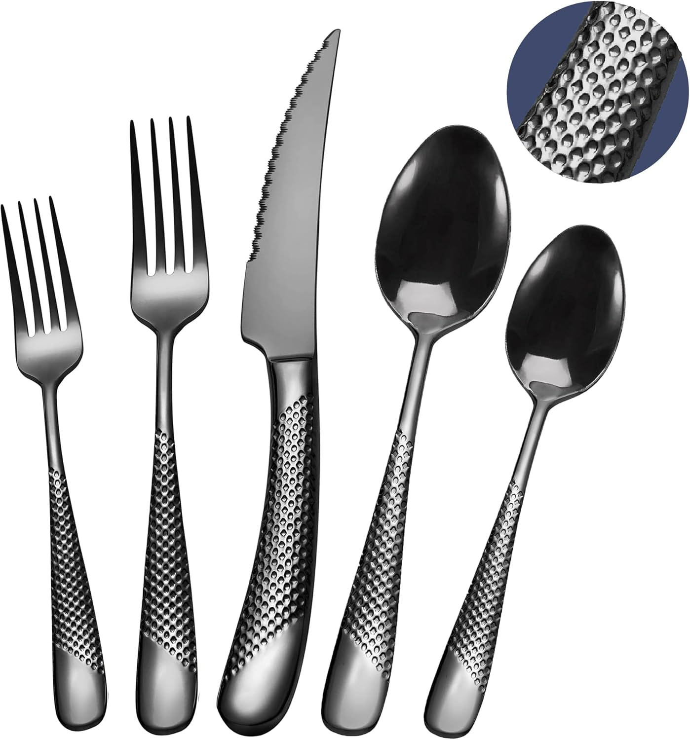SHEUMNT 20 Piece Hammered Black Silverware Set, 18/10 Stainless Steel Flatware Set, Modern Golden Kitchen Utensil Set Service for 4, Tableware Set, Cutlery Set Including Fork Spoon and Knife