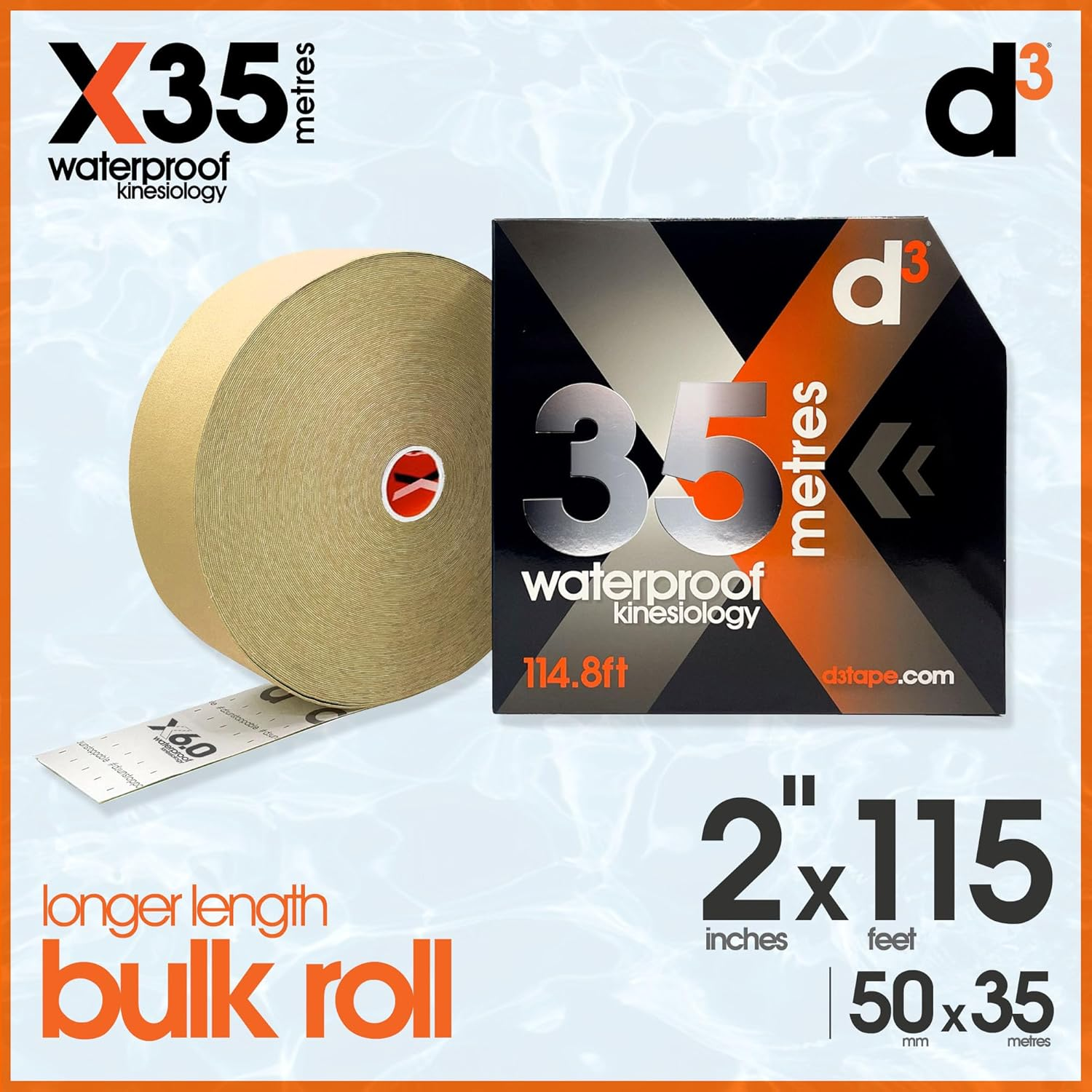 D3 X35 Extra Long Xtreme Waterproof Sweatproof Kinesiology Tape Roll - 50Mm X 35M Latex-Free Hypoallergenic Joint Muscle Sports Physio Medical Injury Support (Beige)