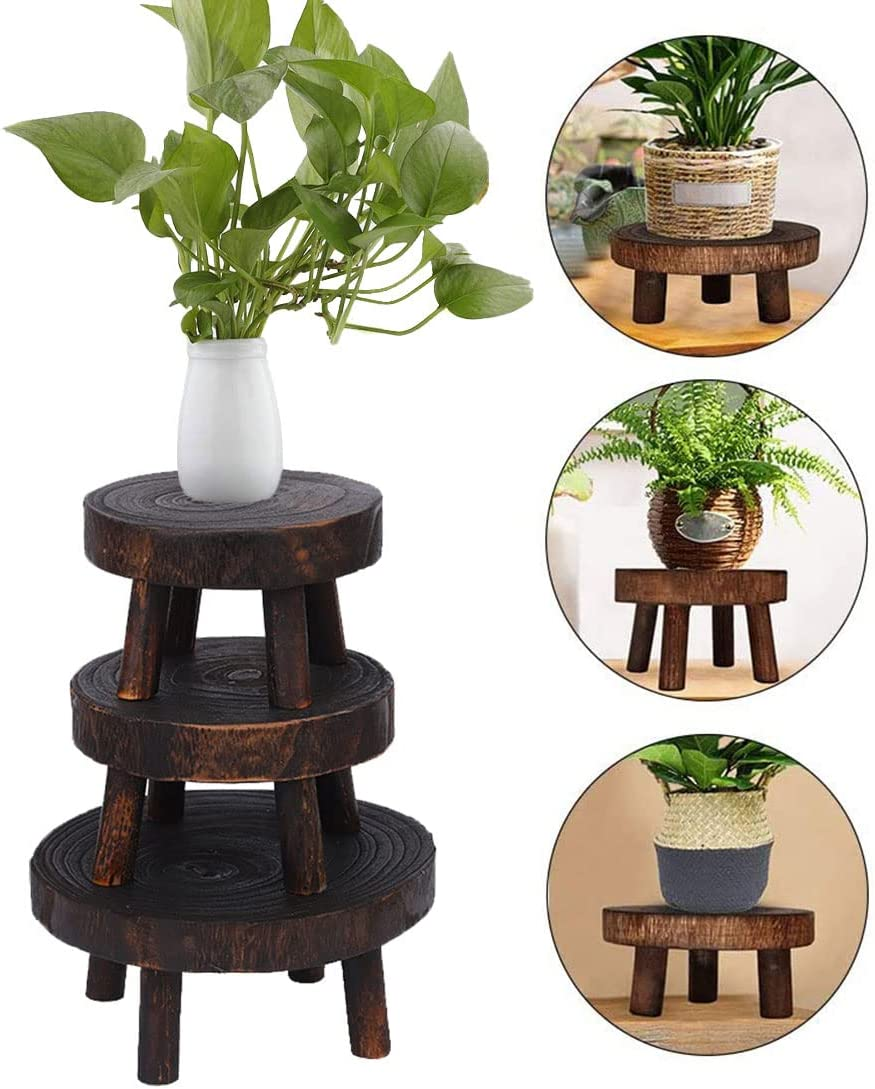Mini Corner Small Plant Stands for Indoor Plants Rack Mid Century Modern Wood Planter Holder Stool Flower Pot Outdoor round Wooden Stool Display Stand for Patio,Home Garden Decor (S) image number 1