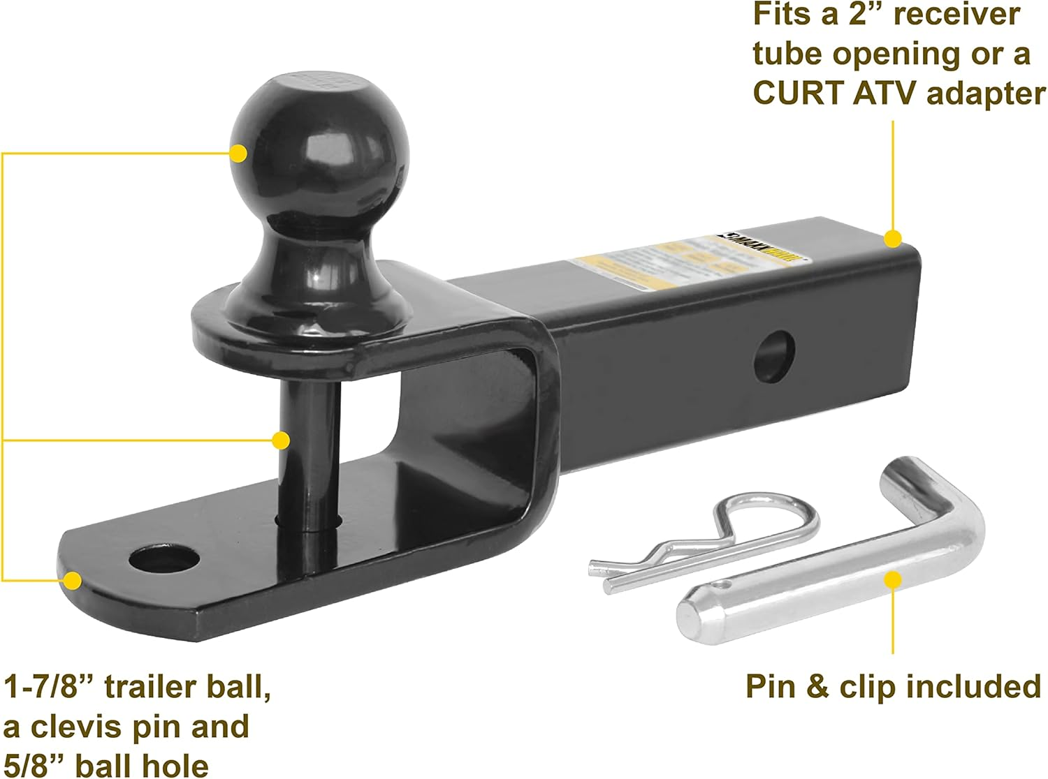 Maxxhaul 50595 3-In-1 ATV UTV Trailer Hitch Mount with Hitch Ball and Winch Strap Loop 1-7/8" Ball, 2" Shank, 1/4" Rise Fits 2" Receiver, 2000 Lbs Capacity