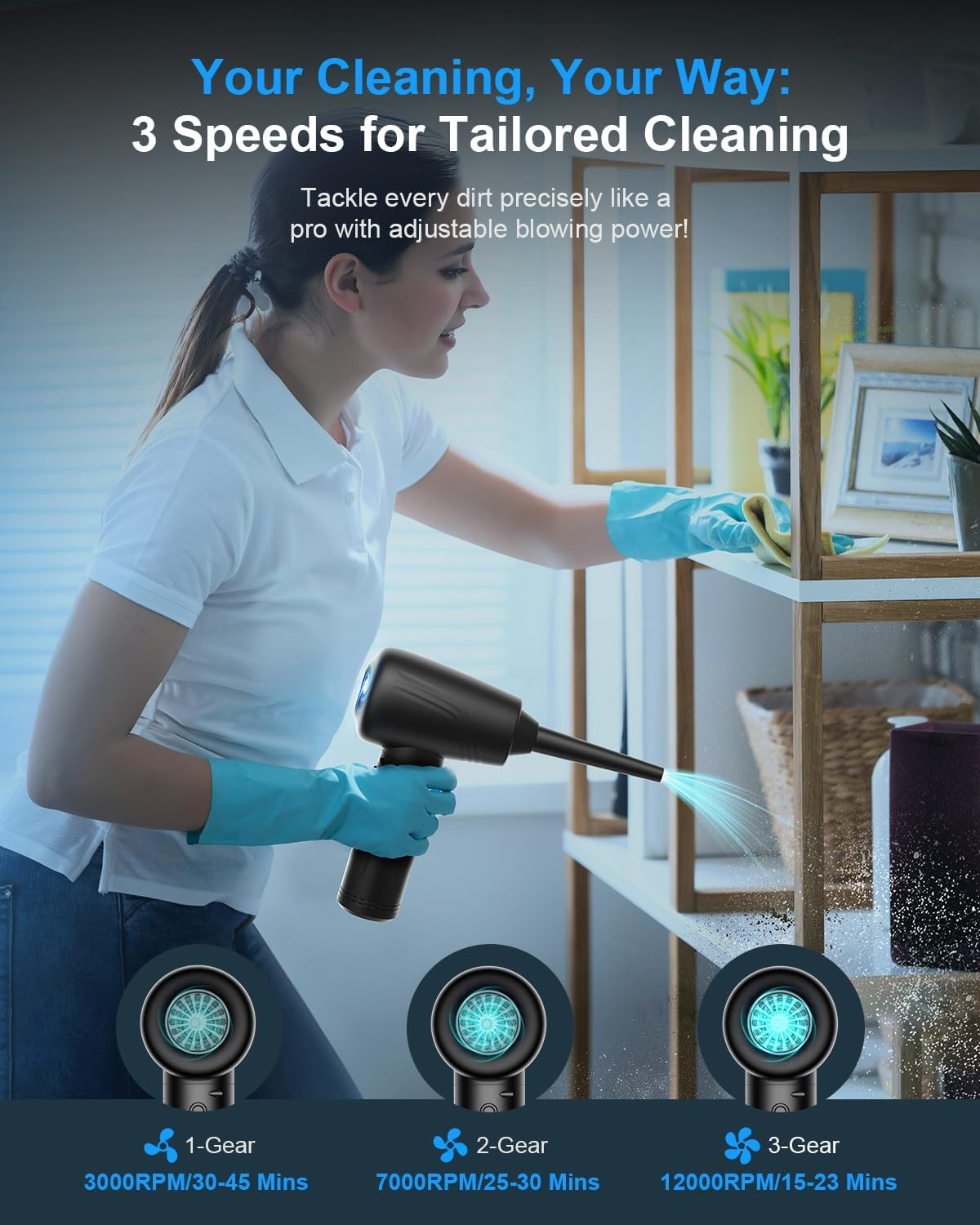 BANKKY Electric Air Duster: 3-Gear Adjustable 120000 RPM Compressed Air Duster with LED Light- Adjustable Rechargeable Jet Air Blower - 9000Mah Cordless Dust Blower for Computer, Keyboard and Car