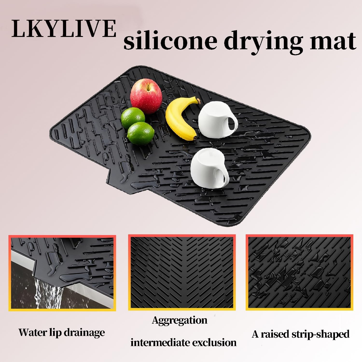 LKYLIVE Silicone Drying Mat, 23"X17" with Built-In Drain Lip,Heat-Resistant,Eco-Friendly,Hygienic Drying Pad,Leak-Proof and Non-Slip,Silicone Dish Drying Mat for Kitchen Counter or Sink（Black 23X17） image number 3