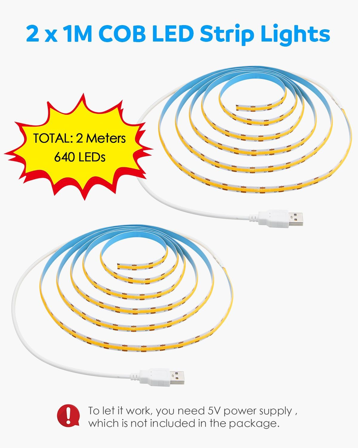 Aclorol USB COB LED Strip 1 M Warm White 3000 K Flexible Cut LED Strip Self-Adhesive for TV Backlight Living Room Mirror Wardrobe Lighting 320Leds/M 8 Mm Width (Pack of 2)