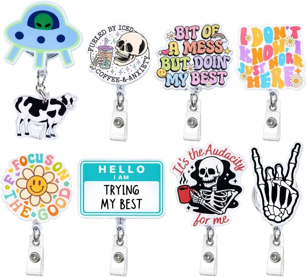 YJ Premiums 8PC Funny Cute Fun Badge Reel Holder ID Card Retractable Clip for Nurse Nurses Nursing Teacher Office Workers | Meme It&rsquo;S Fine Just My Face Job Descriptions Goose Bumps Gifts (Nurse) image number 2