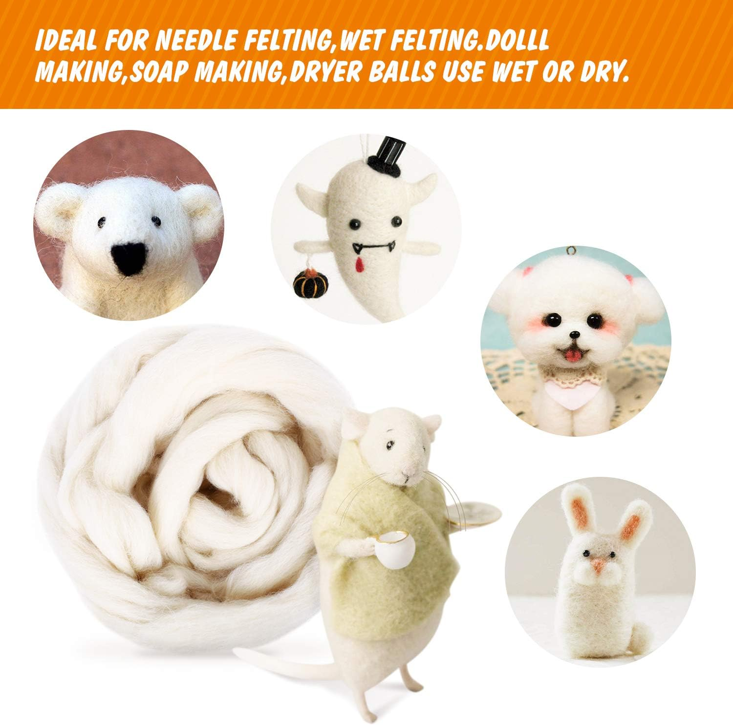 Felting Wool 250G Core Wool for Needle Felting, White Felting Wool Packs Clearance Natural Wool Roving for DIY Crafts image number 2
