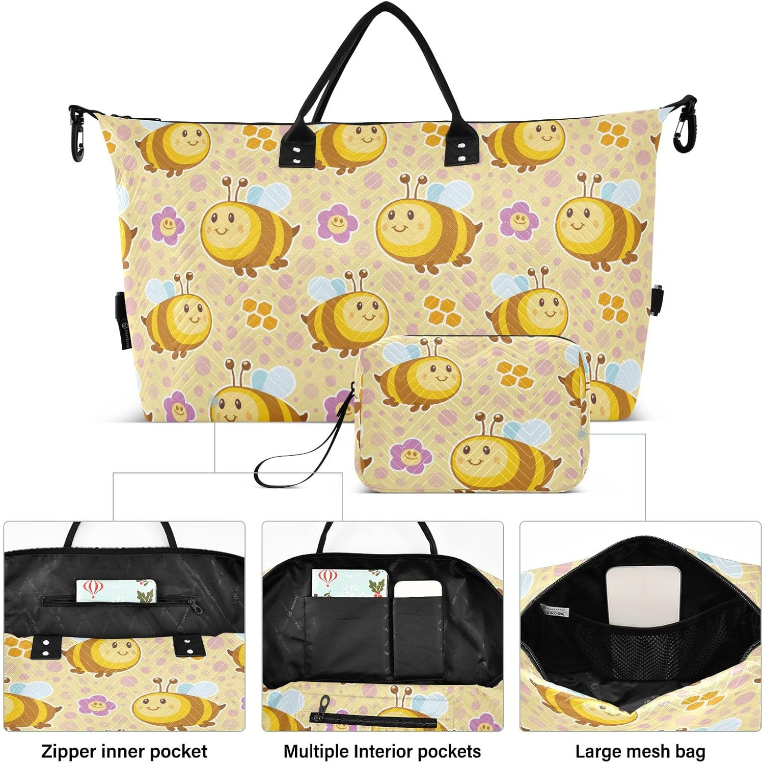 Travel Hand Bag Travel Weekender Gear Bag Cute Bees Happy Good Luck and Flowers Yellow Sport Training Bag With, Cute Bees Happy Good Luck and Flowers Yellow, Set of 2, Art Deco