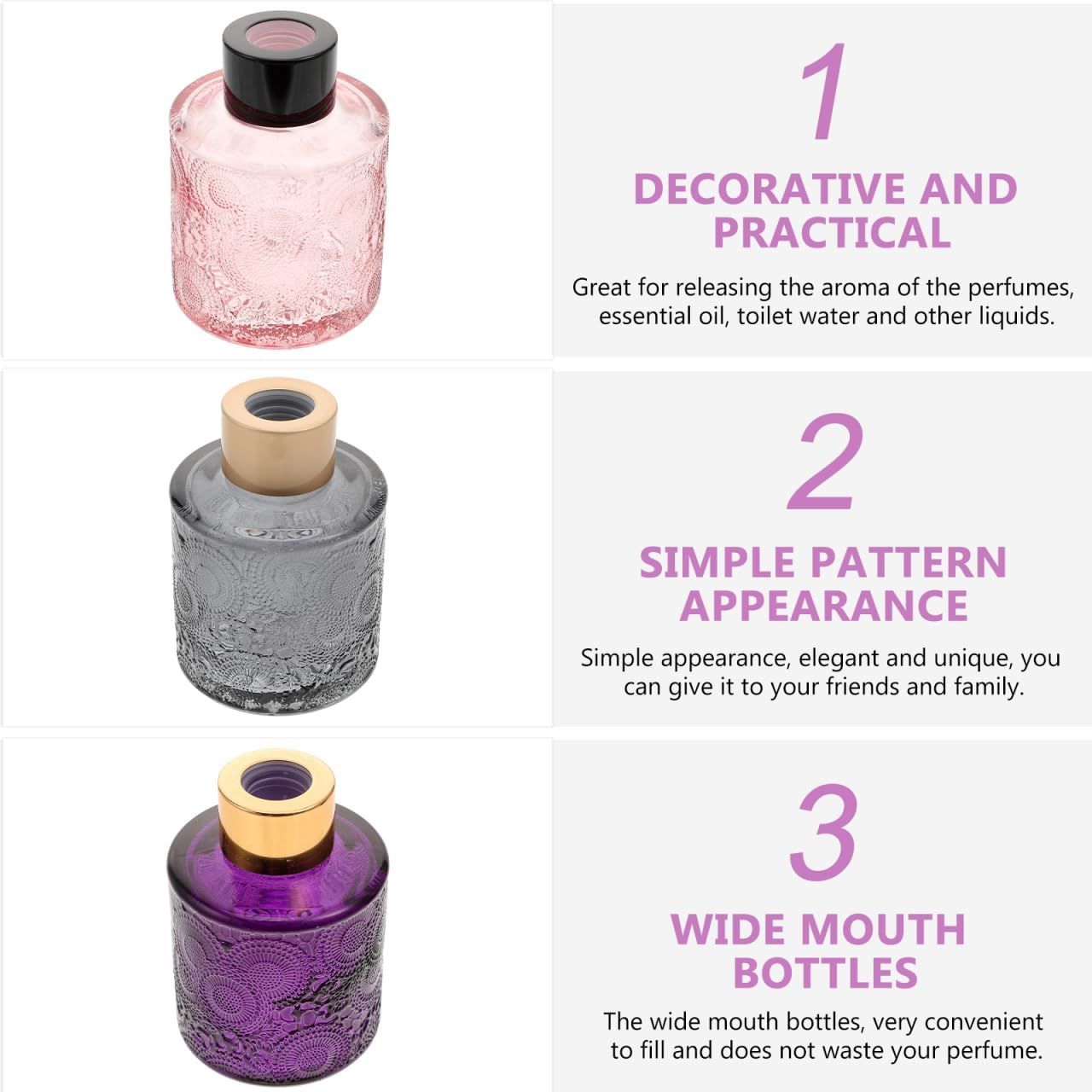 Operitacx 4Pcs Glass Diffuser Bottles Set of 4, 3.5 Height 100ML, Small Bottle Shape, Diffuser Jars for Home Fragrance (White, Pink, Grey, Purple) image number 2
