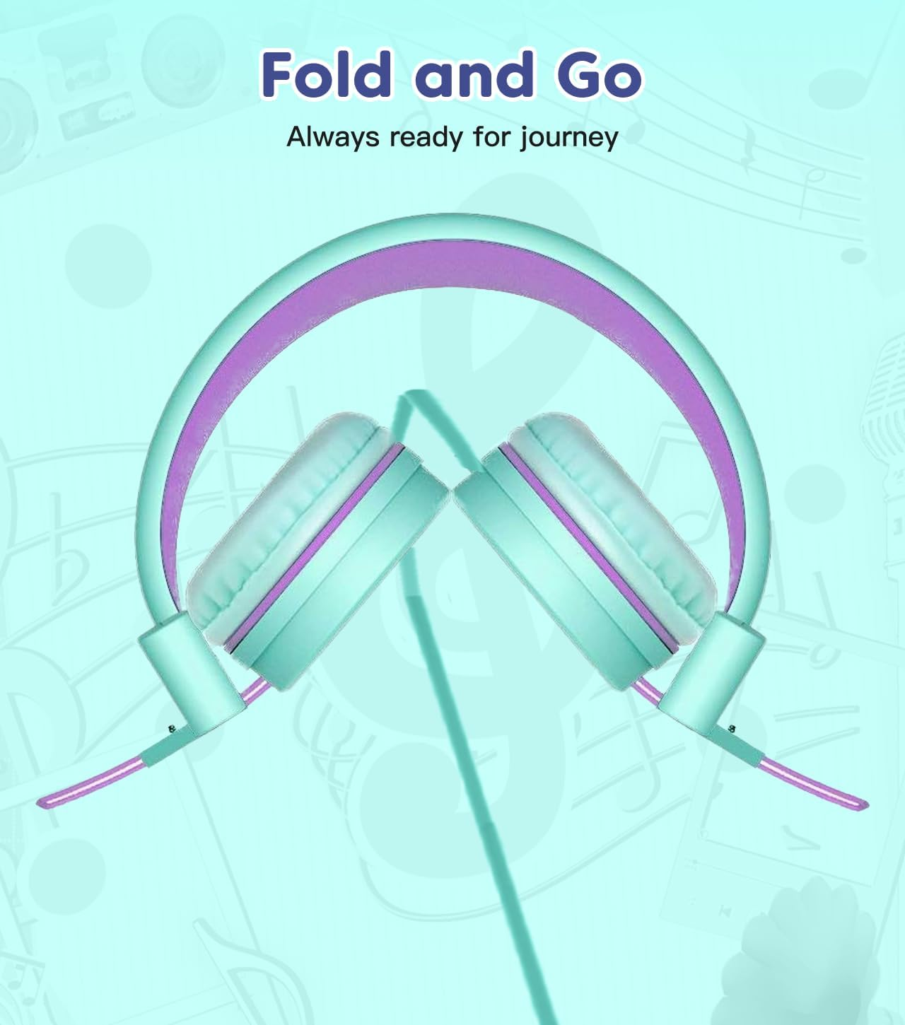 Cowyawn Kids Headphones, Toddler Headphone with Safe Volume Limiter 94Db, Wired School Headphones for Kid, 3.5Mm Adjustable On-Ear Headphone for Boys/Girls/Children/Teens/Ipad/Computer, Purple Green image number 4