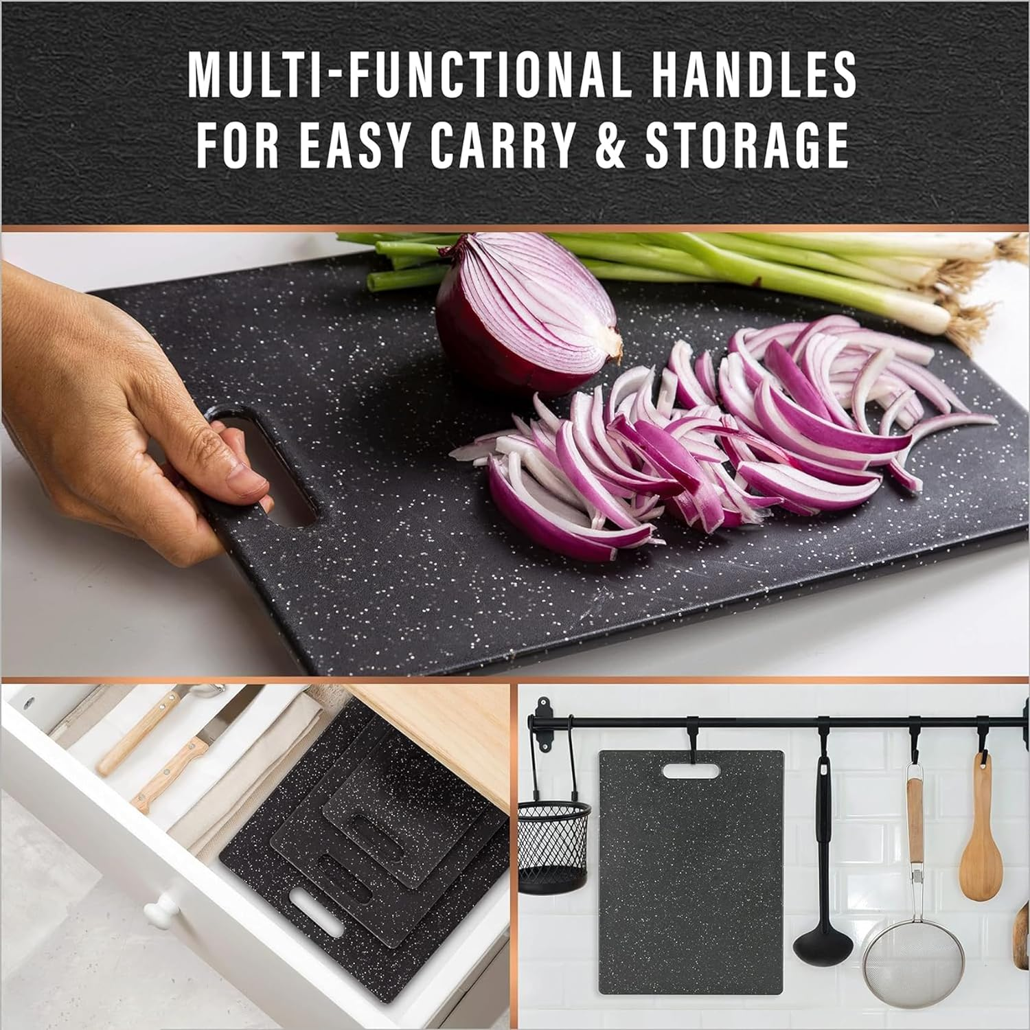 Cutting Boards for Kitchen, No BPA Chopping Boards Set of 3, Dishwasher Safe Cutting Boards with Carrying Handle, Black image number 2