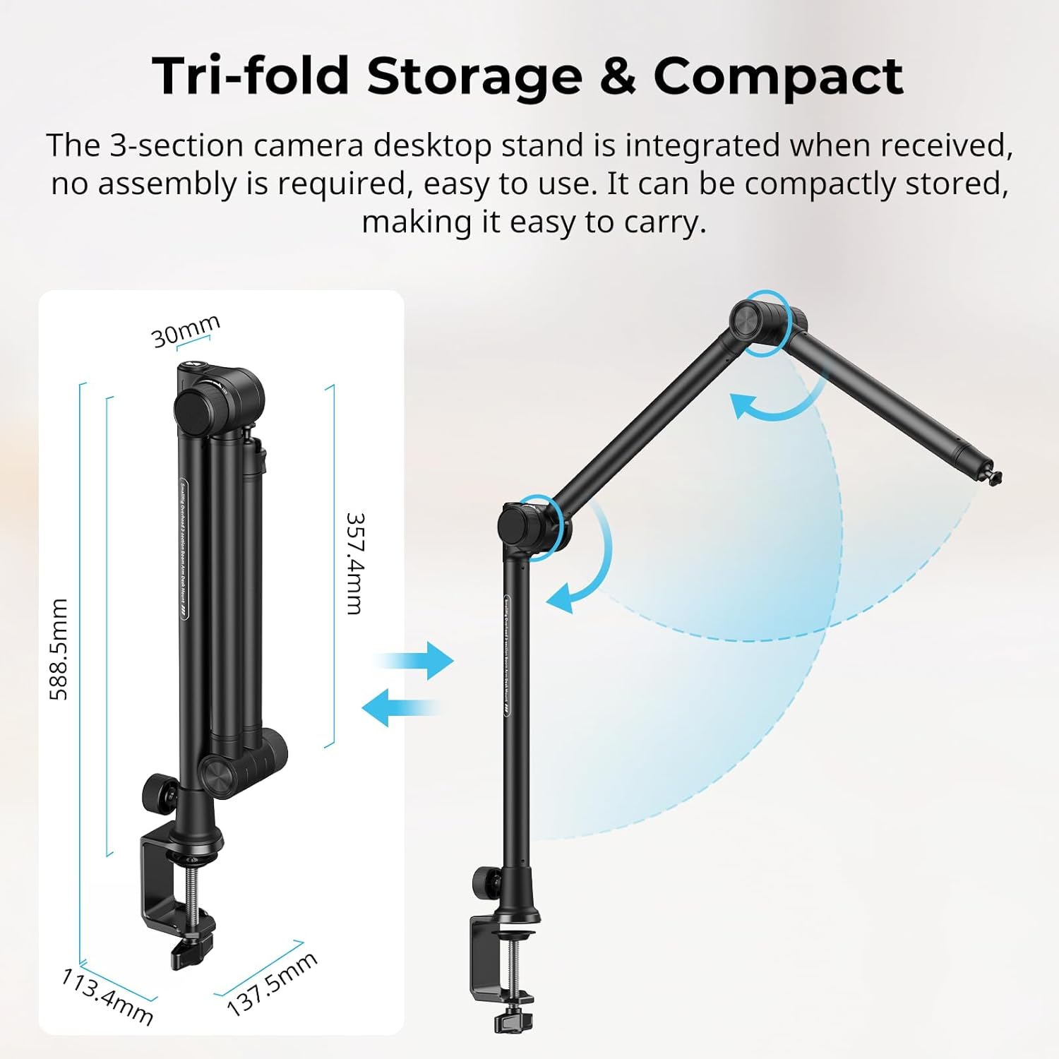 Smallrig Overhead 3-Section Desktop Camera Bracket, Damping Boom Arm Desk Mount with 360&deg; Rotatable Ball Head, Tabletop C Clamp, Max Load to 4.4Lbs / 2Kg for Photography Videography Live Stream - 4324 image number 6