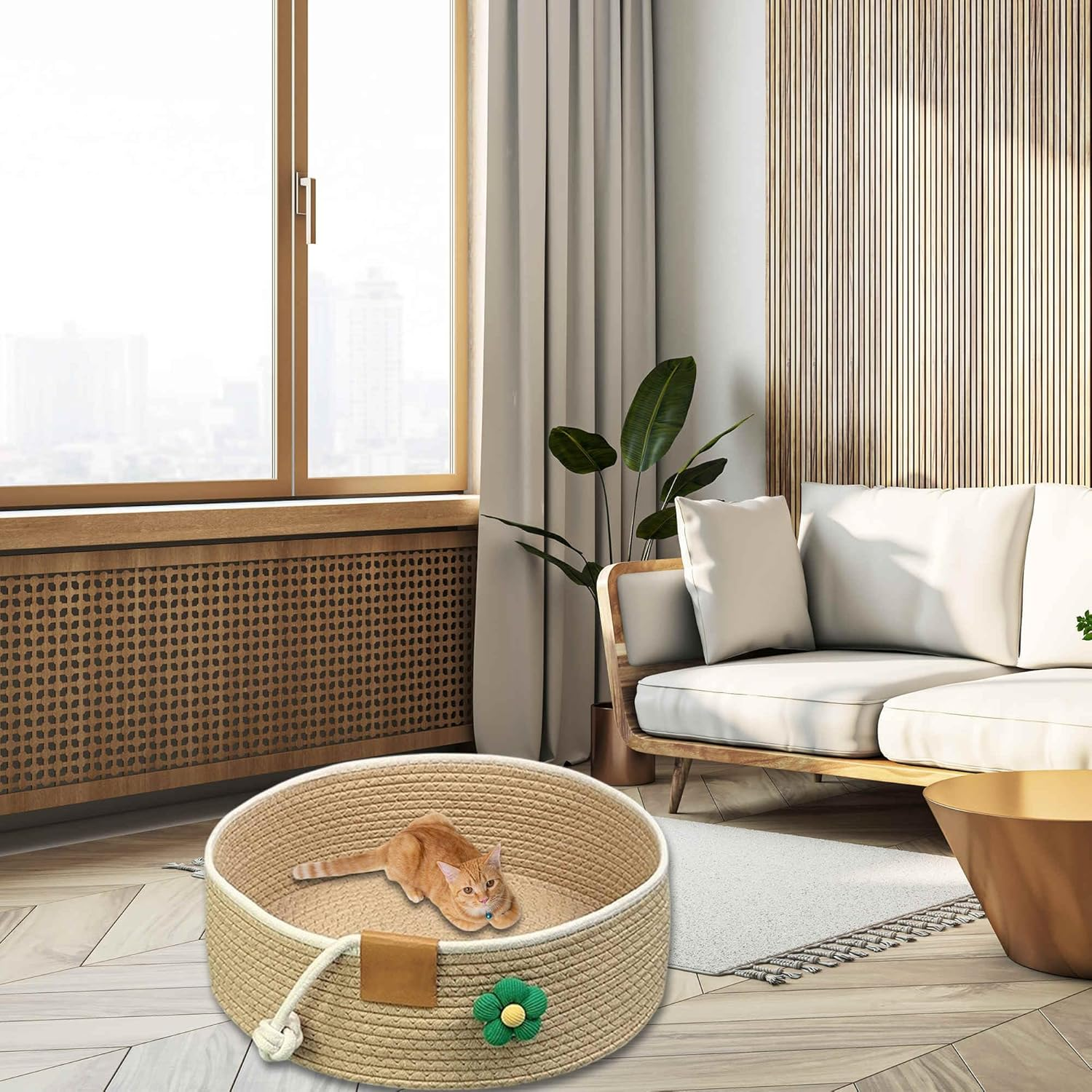 CAPASTEC Woven Cat Bed, 35 Cm Diameter, Foldable Basket Nesting Site, Breathable Pet Lounger, Claw Abrasion-Resistant Universal Kitten Bed, Khaki