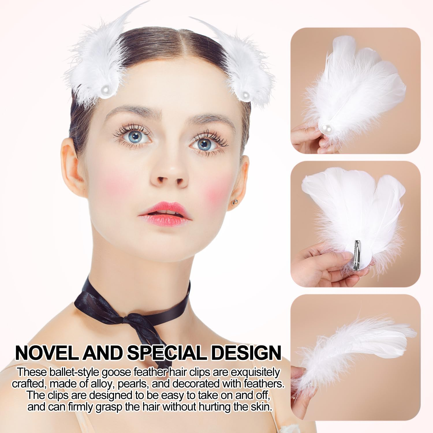 Gosknor 2Pcs White Swan Feathers Barrettes, Ballet Swan Lake Headpiece, Ostrich Feathers Hairpin for Stage Performances, Cosplay Costume
