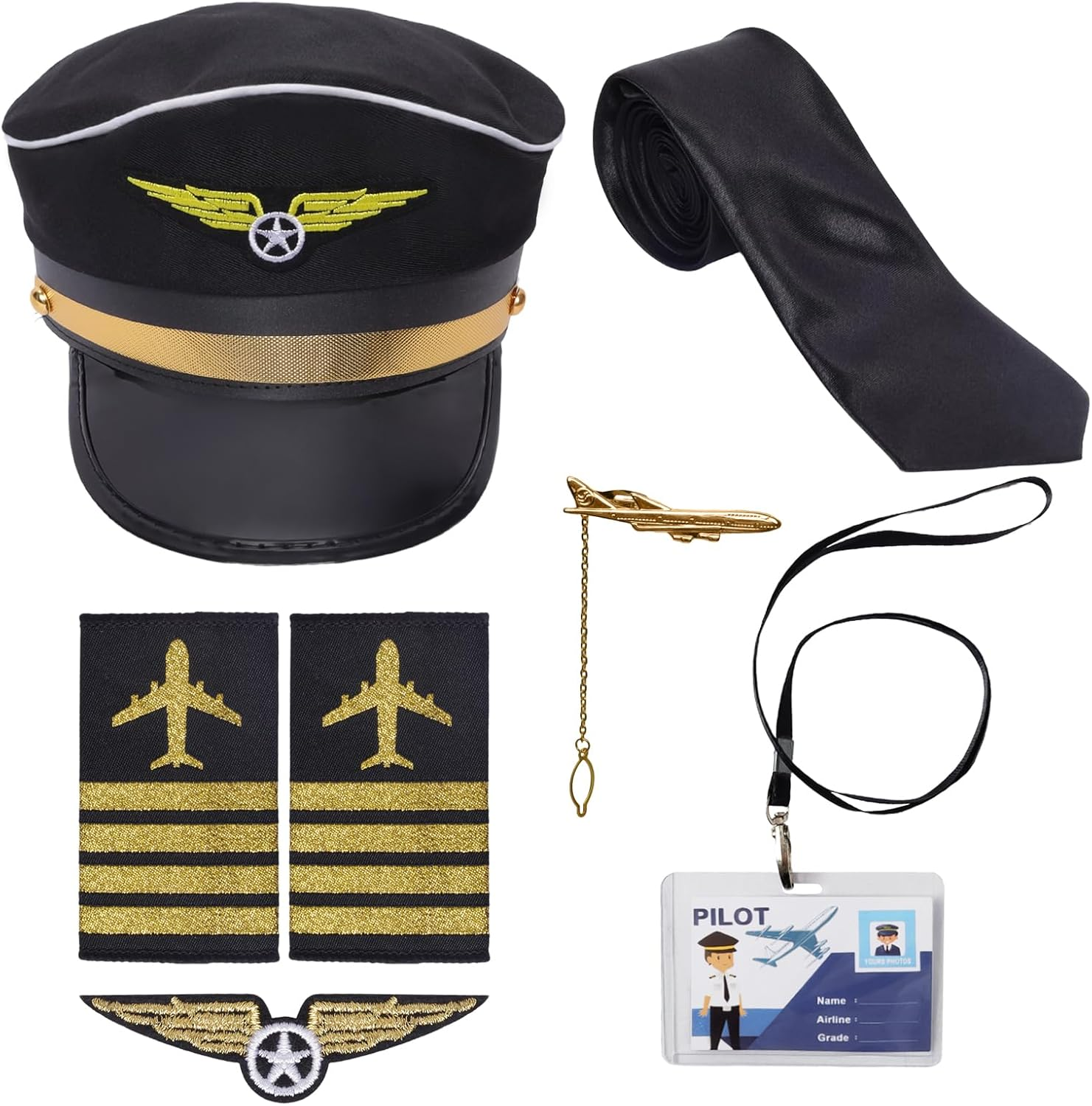 Airline Pilot Captain Hat Kit Pilot Costume Accessories Set for Men Adults Tie Wings Patch Halloween Cosplay Supplies image number 4