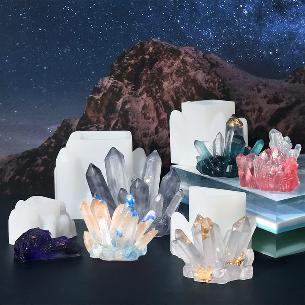 Fineinno 11 PCS Crystal Cluster Molds Set Quartz Rock Silicone Resin Mould Crystal Column Icicle Iceberg Epoxy Resin Molds with Different Shapes for Making Epoxy Druzy Stone, Rocks, Gems - Transparent,White image number 6