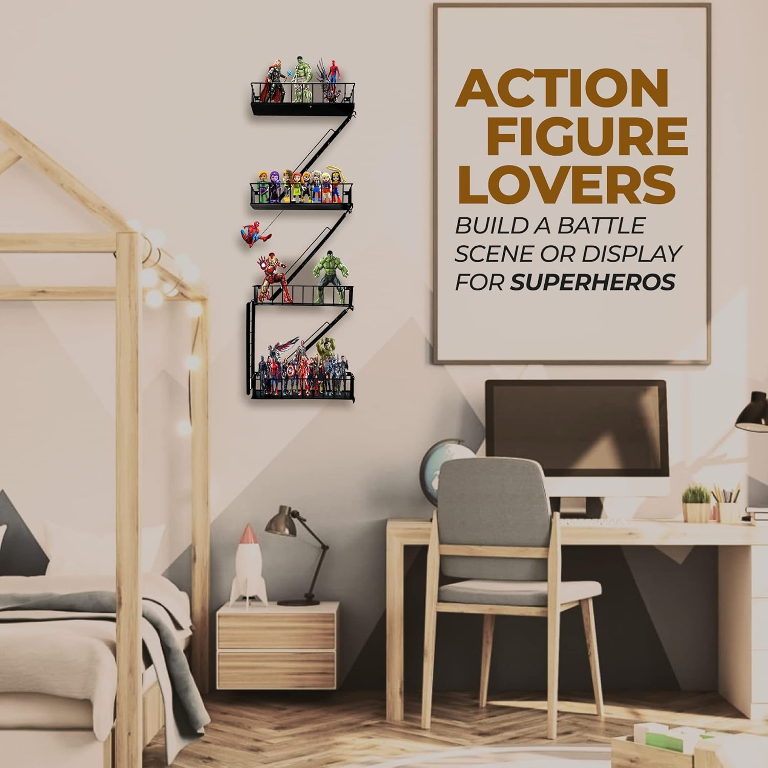 VERSATILE KAS 3-Tier Metal Fire Escape Wall Shelf | 76" Tall NYC Industrial Floating Shelves for Action Figures | Black Urban Display Ladder with 3.4 Capacity