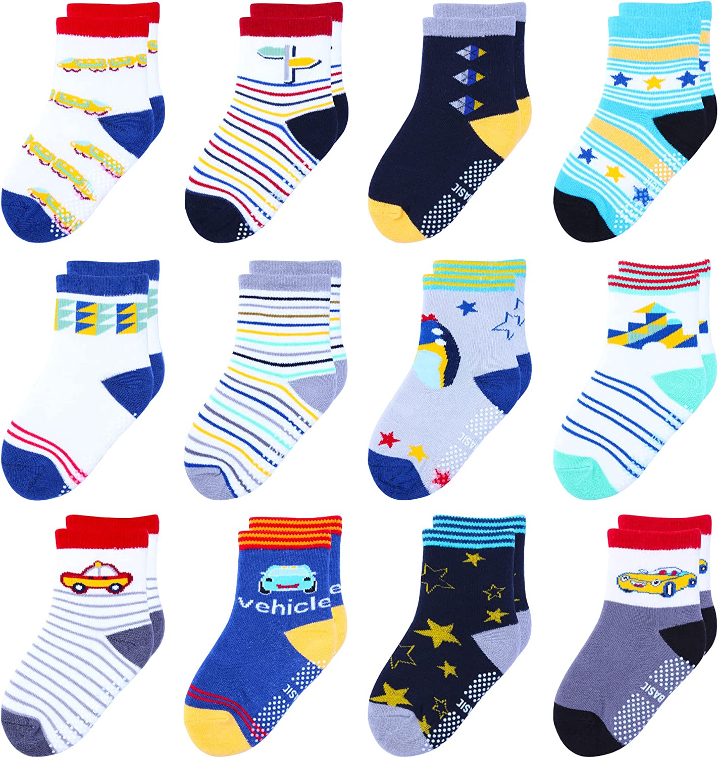 Hyzgb 12 Pack Non Slip Kids Toddler Baby Socks with Grips for 1-7 Years Boys Girls Cotton Crew Socks Multi Colors