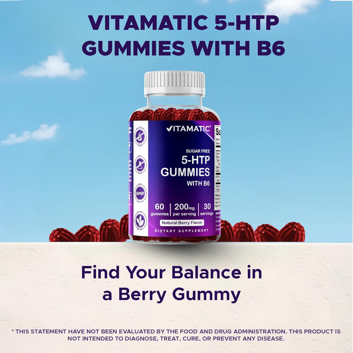 Vitamatic Sugar Free 5-HTP 200Mg Gummies with B6 per Serving - 60 Pectin Based Gummes image number 1