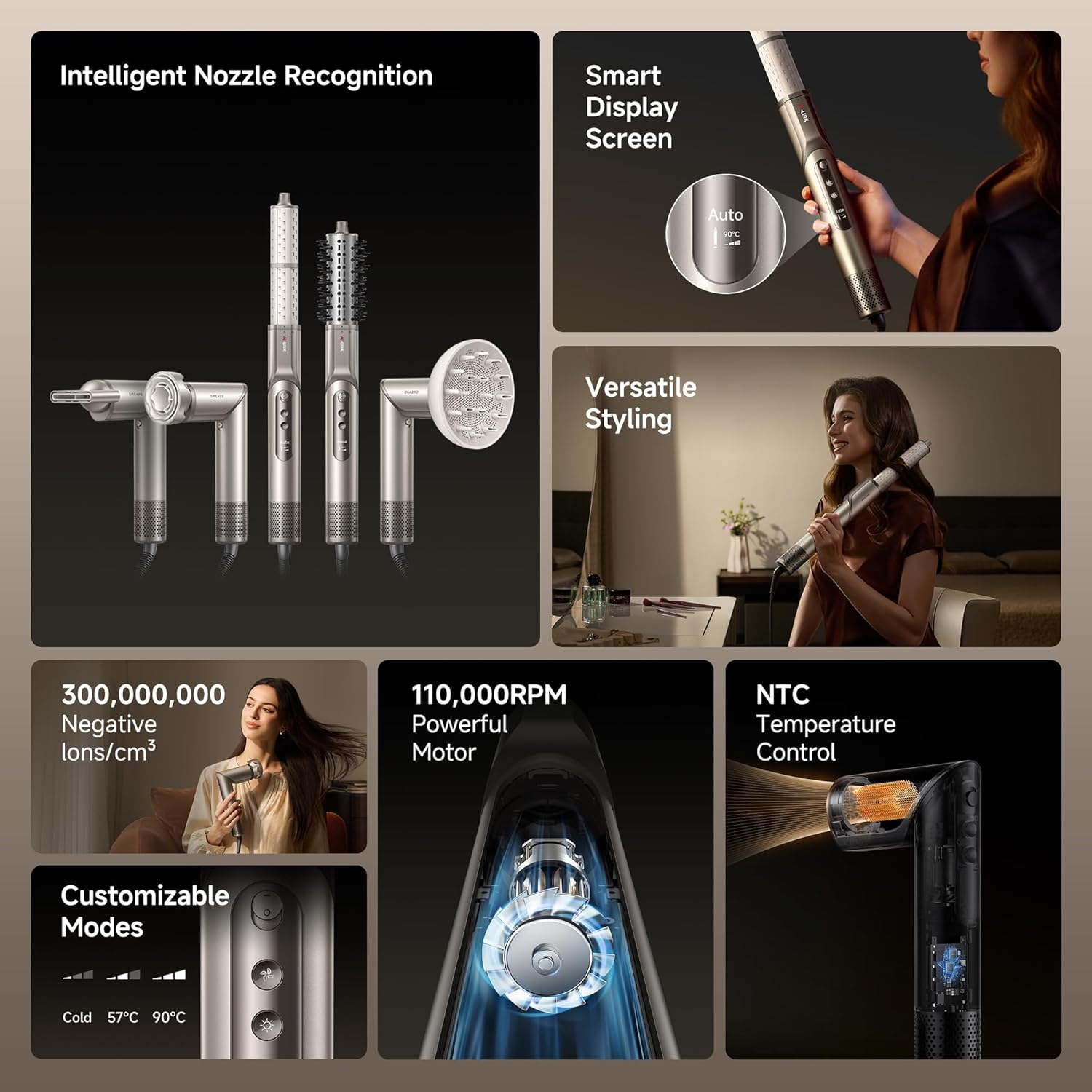 Dreame Dazzle Hair Dryer, Intelligent Nozzle Recognition, Smart Screen, Fast Drying, 110,000RPM Motor, 5 Magnetic Nozzles, NTC, 300,000,000 Negative Lons, 3 Cutomizable Modes, Removable Air Inlet image number 2