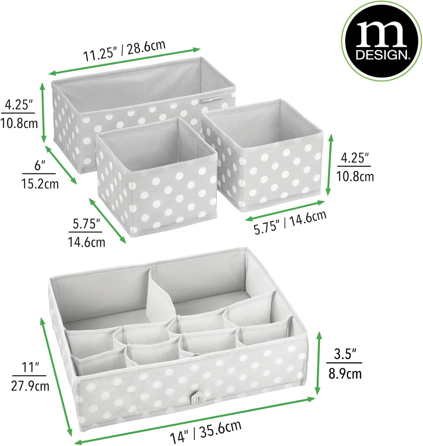 Mdesign Fabric Drawer Organizer Bins, Kids/Baby Nursery Dresser, Closet, Shelf, Playroom Organization, Hold Clothes, Toys, Diapers, Bibs, Blankets, Set of 4, 2 Pack, Gray/White Polka Dot image number 6