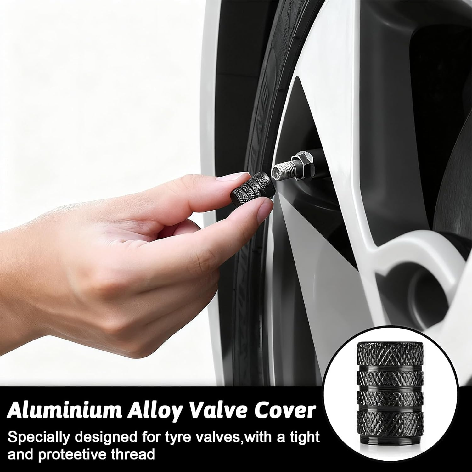 Tyre Valve Caps, 8 Pcs Anodized Aluminum Valve Stem Caps for Cars, Bikes, Trucks, SUVS, Motorcycles (Black) image number 4